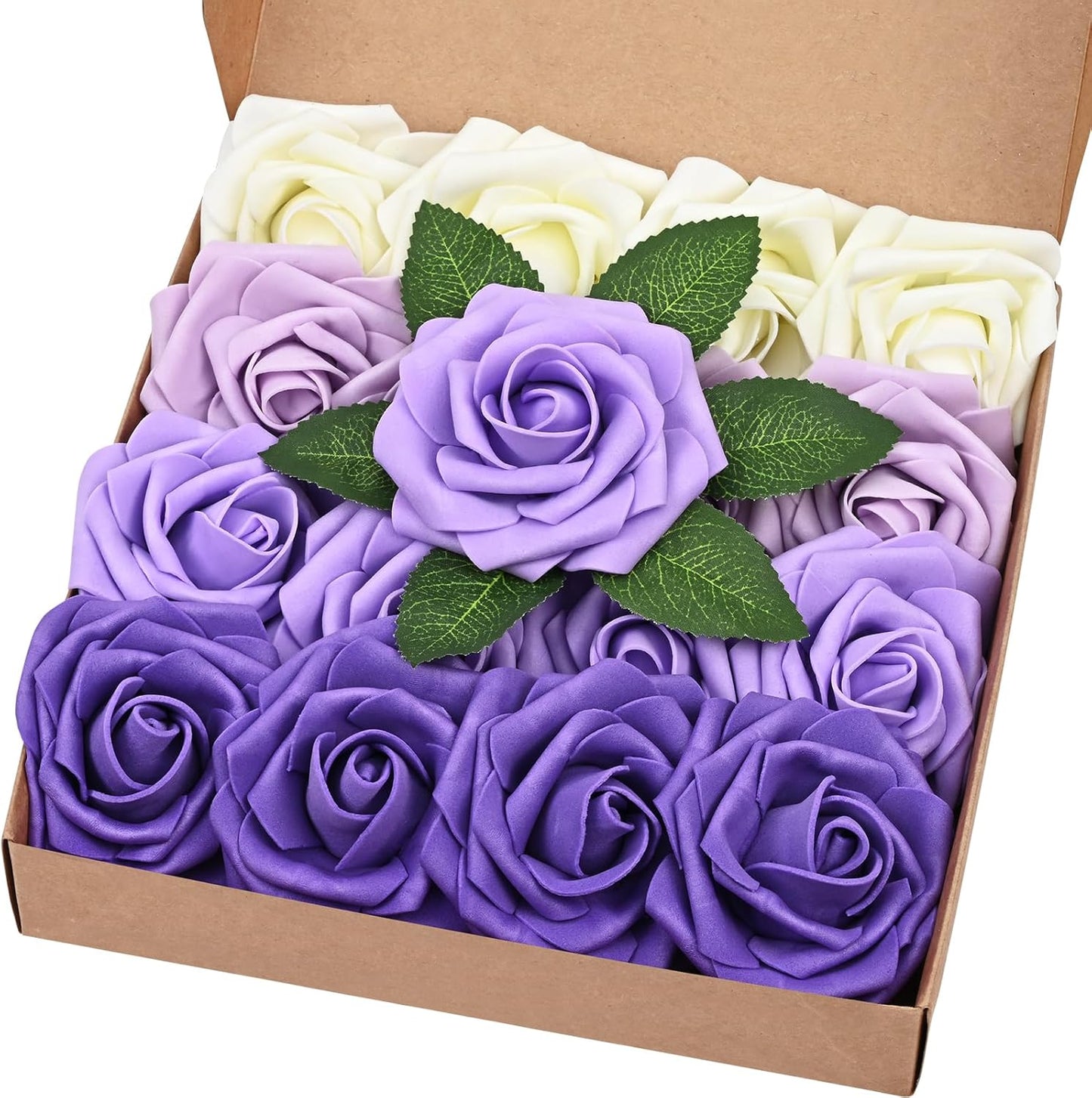 BLEUM CADE 16Pcs Artificial Flowers Fake Roses with Stems, Gradient Purple Boxed Foam Roses for DIY Bouquets Centerpieces Wedding Party Arrangement Bridal Shower Decor