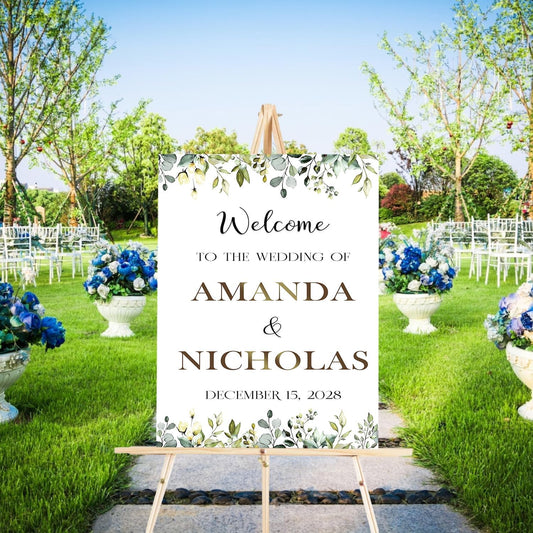 Welcome To Our Wedding Sign With Stand, Welcome Sign For Wedding Entrance, Greenery Floral Theme Wedding Sign Decoration, Reserved Signs For Wedding, Personalized Wedding Sign