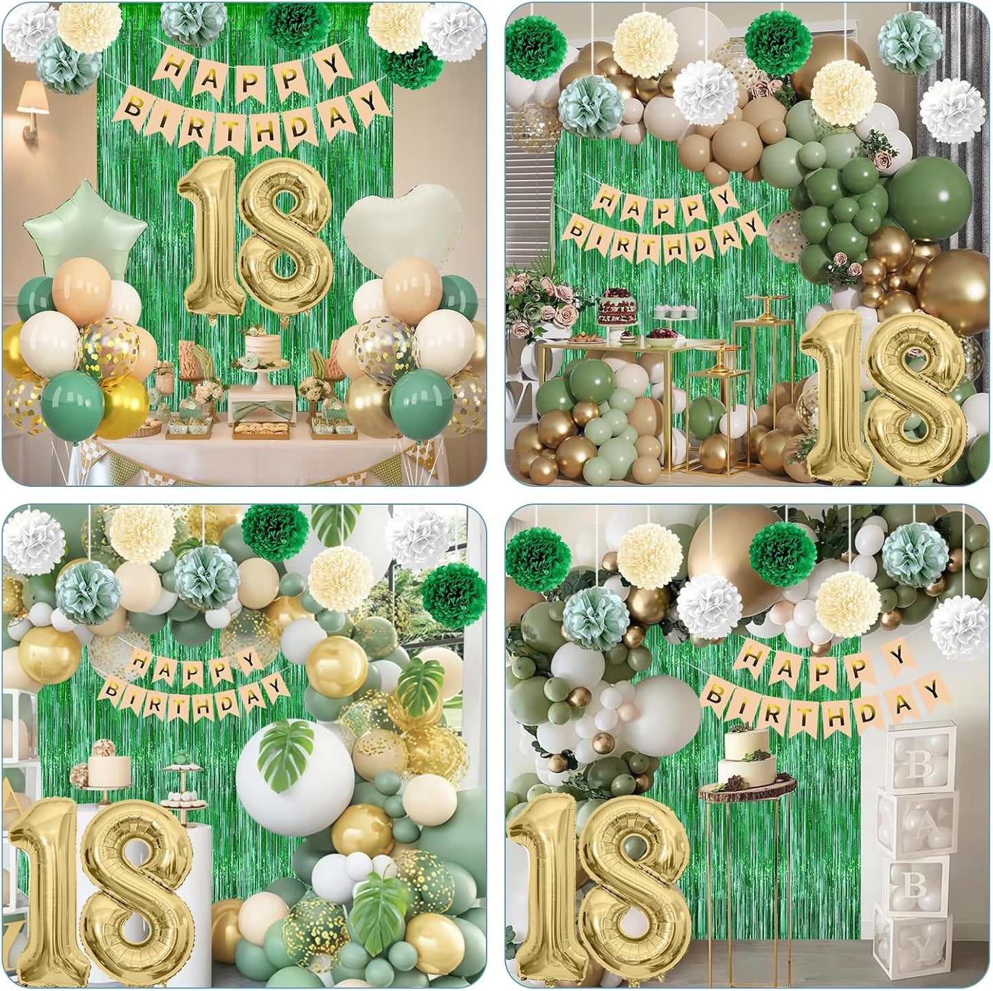 Sage Green 18th Birthday Decorations for Boys Girls Gold Number 18 Balloon Nude Gold Happy Birthday Banner Fringe Curtain Paper Pom Poms Olive Green Cream White Sand Star Foil Balloons Party Decor