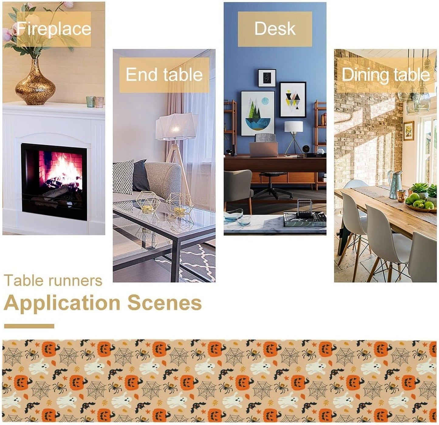 Halloween Table Runner,Cute Ghost Pumpkin Leaves Table Runner for Kitchen Dining Table Decoration Home Party Decor 13x120 Inch