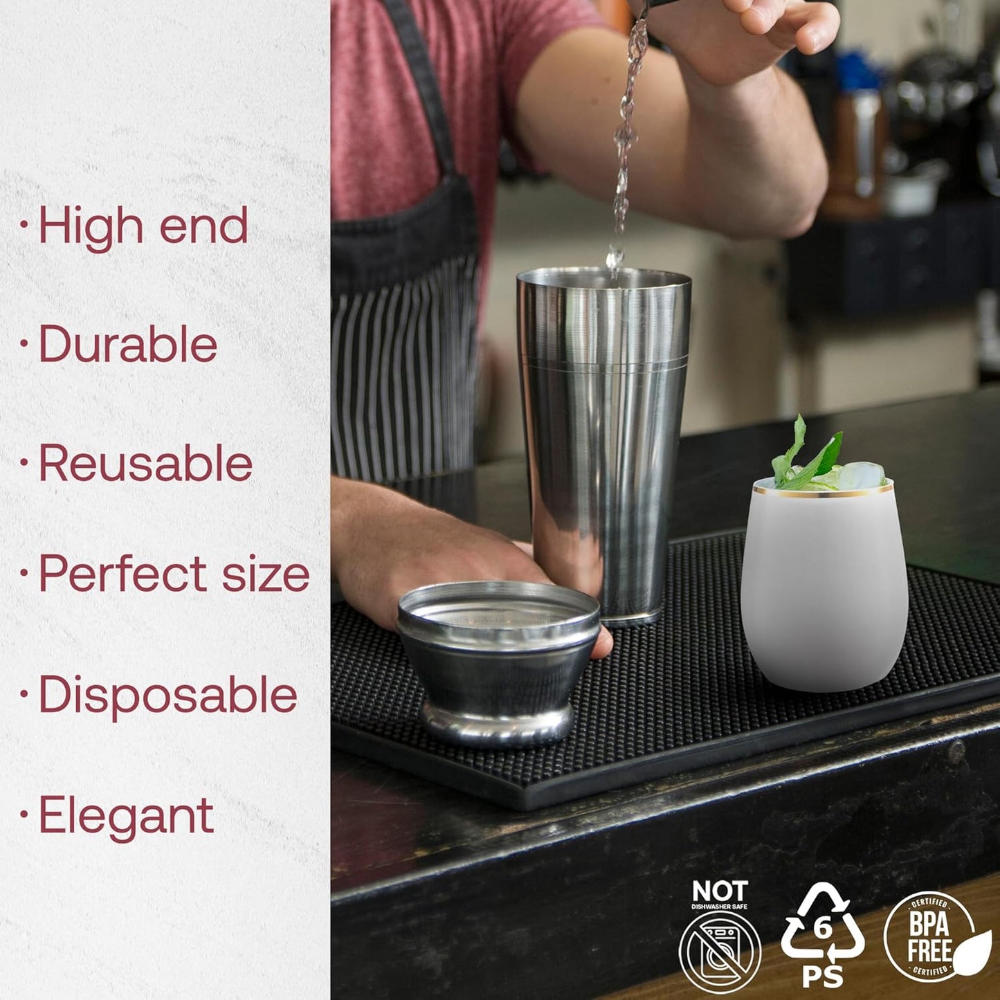 Smarty Had A Party 64 White with Gold Elegant Stemless Plastic Wine Glasses, 12 oz Disposable Drinkware, Plastic Wine Glasses for Parties