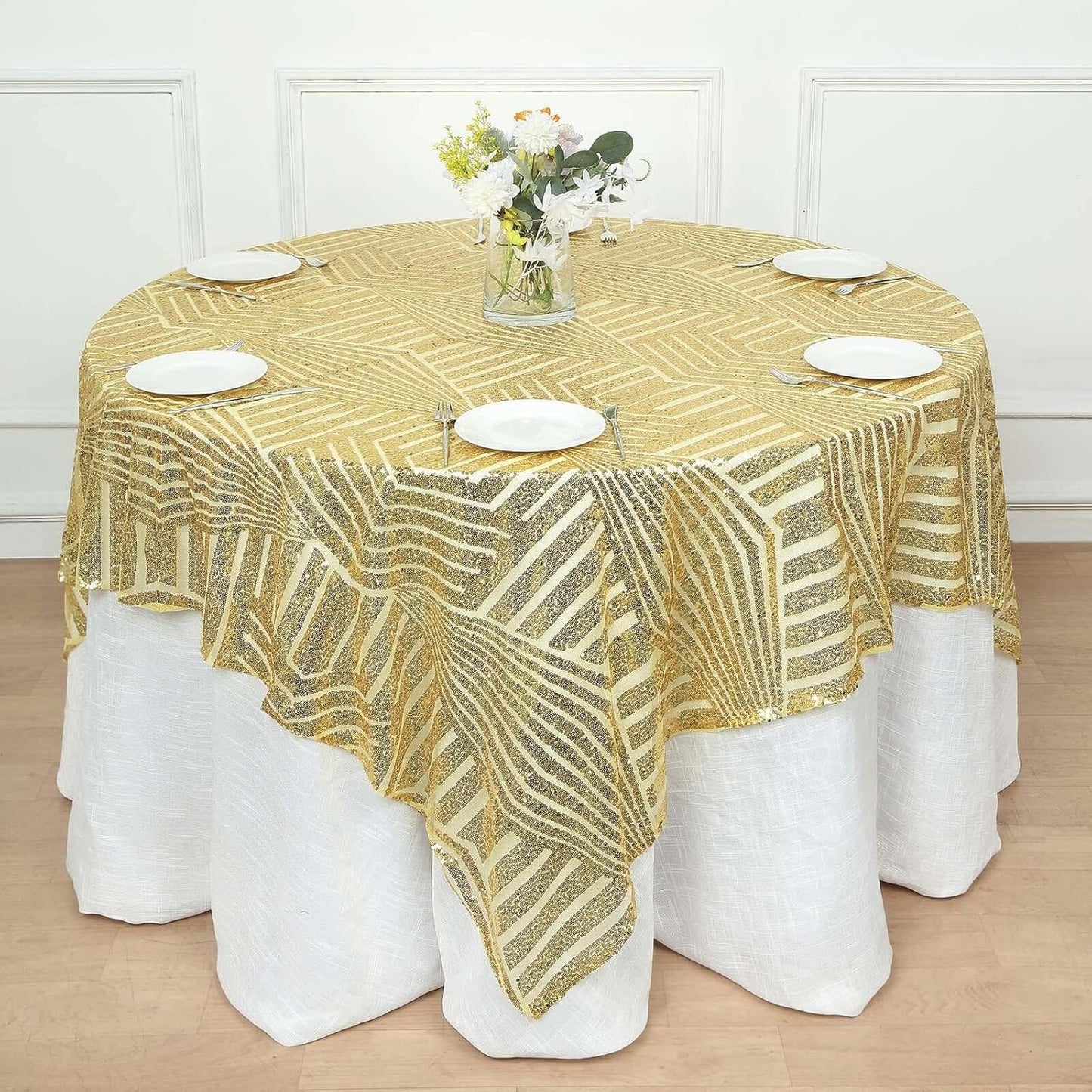 Efavormart 72" Gold Sparkly Sequin Geometric Tulle Square Table Overlay