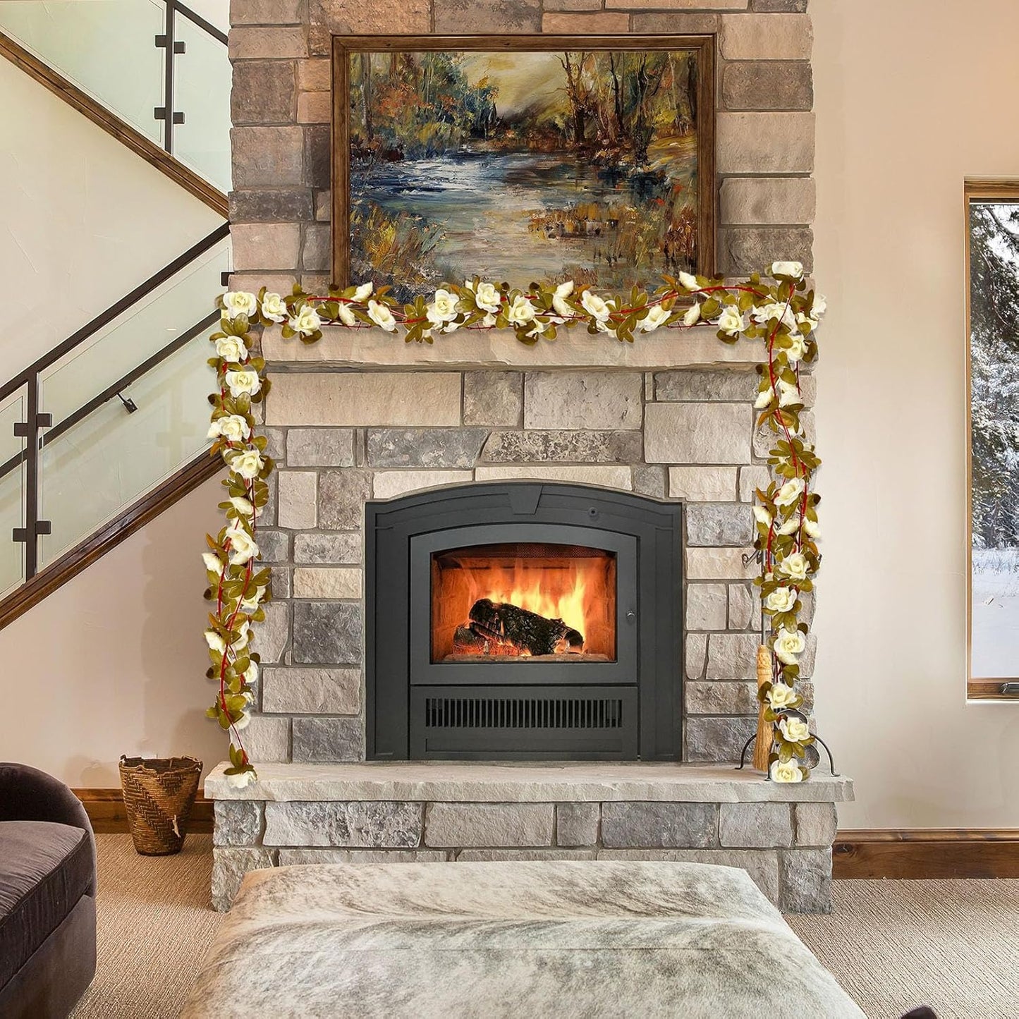 8Pcs 63Ft Cream Rose Garland, Fake Rose Hanging Flowers, Artificial Flower Vine, Hanging Floral Vine Garland for Wedding, Birthday Party, Wall Arch, Halloween, Christmas Garden Backdrop Decor