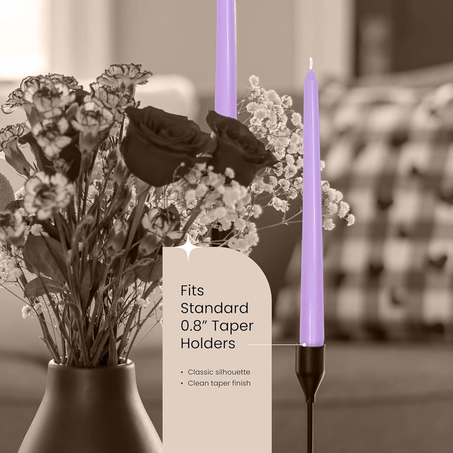 Leor & Lair Light Purple Candlesticks - 4 Pack 10" Long Candles - Unscented Long Burning Purple Candles for Easter, Bridal Showers, Spring Weddings, Restaurants & Events