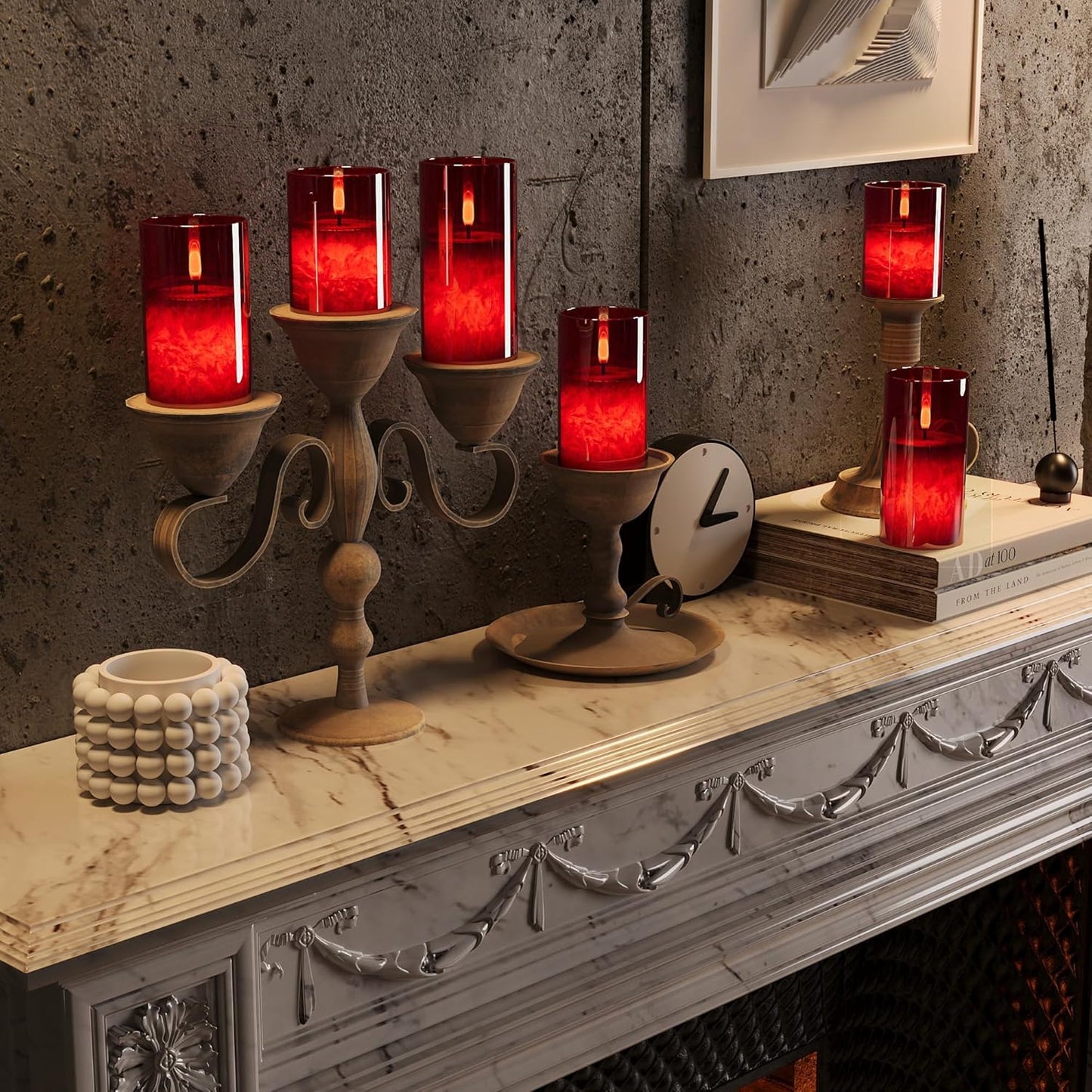 Ice Crystal Real Wax Glass Flameless Candles with Remote & Timer, Battery Operated Candles with Warm Flickering Flame, Realistic LED Candle for Wedding Home Decor [D3×H4/5"/6"] Red, 3Pack