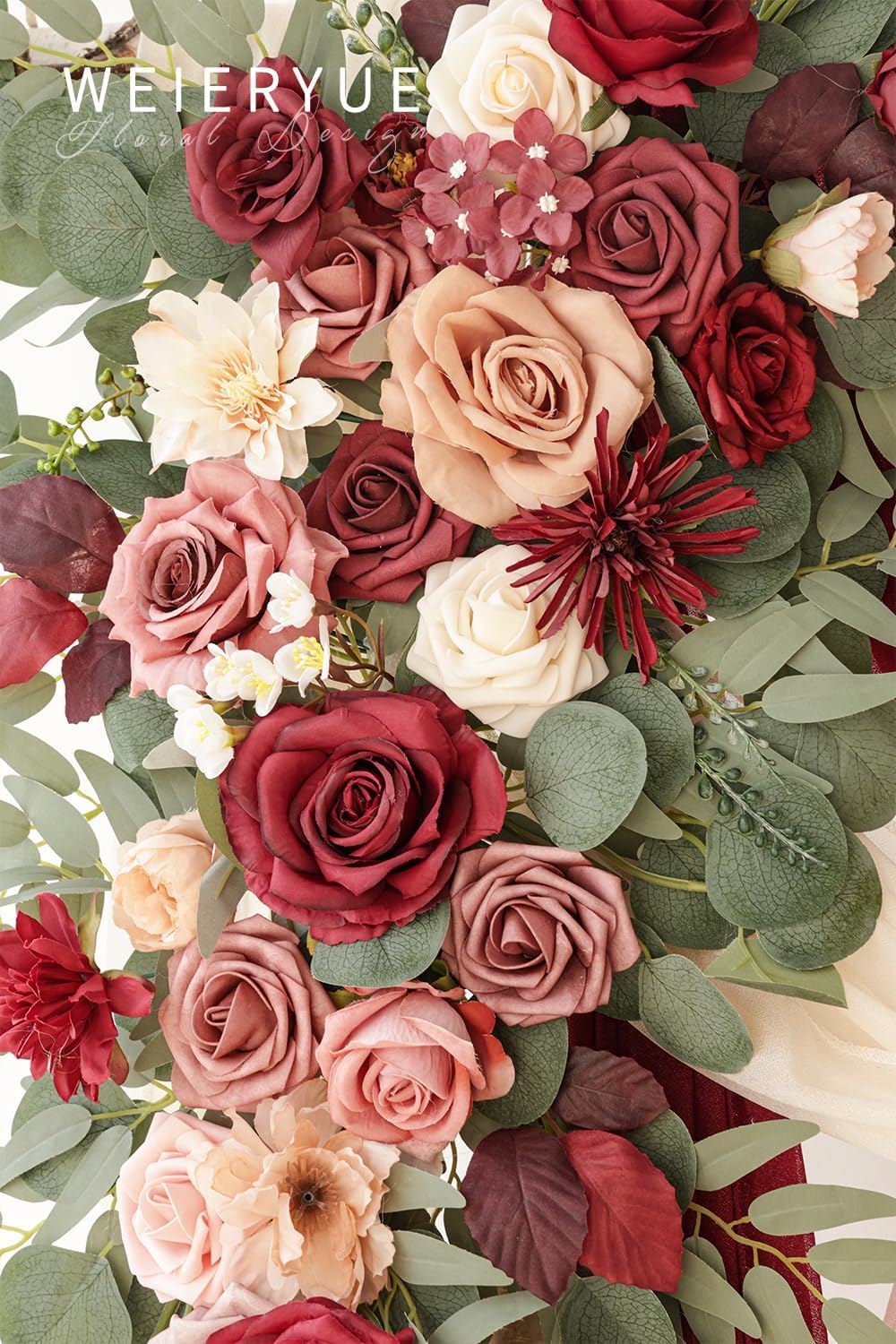 Deluxe Wine Red Artificial Wedding Arch Flowers with Drapes Kit-Pack of 5, 2pcs Flower Arrangements 3pcs Hanging Valance Red Ceremony Arbor Reception Backdrop Rose Floral Decorations.