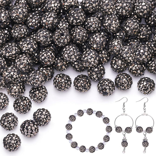 200pcs 10mm Hematite Rhinestone Beads for Jewelry Making, Shiny Round Shamballa Disco Ball Beads Bulk, Sparkle Crystal Clay Christmas for Bracelet Baseball Necklace Earring Crafting and DIY