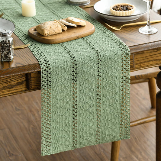 Artoid Mode Light Green Farmhouse Woven Rustic Hollow Table Runner, Seasonal Holiday Hollow Kitchen Dining Table Decoration for Home Party Decor 12x48 Inch