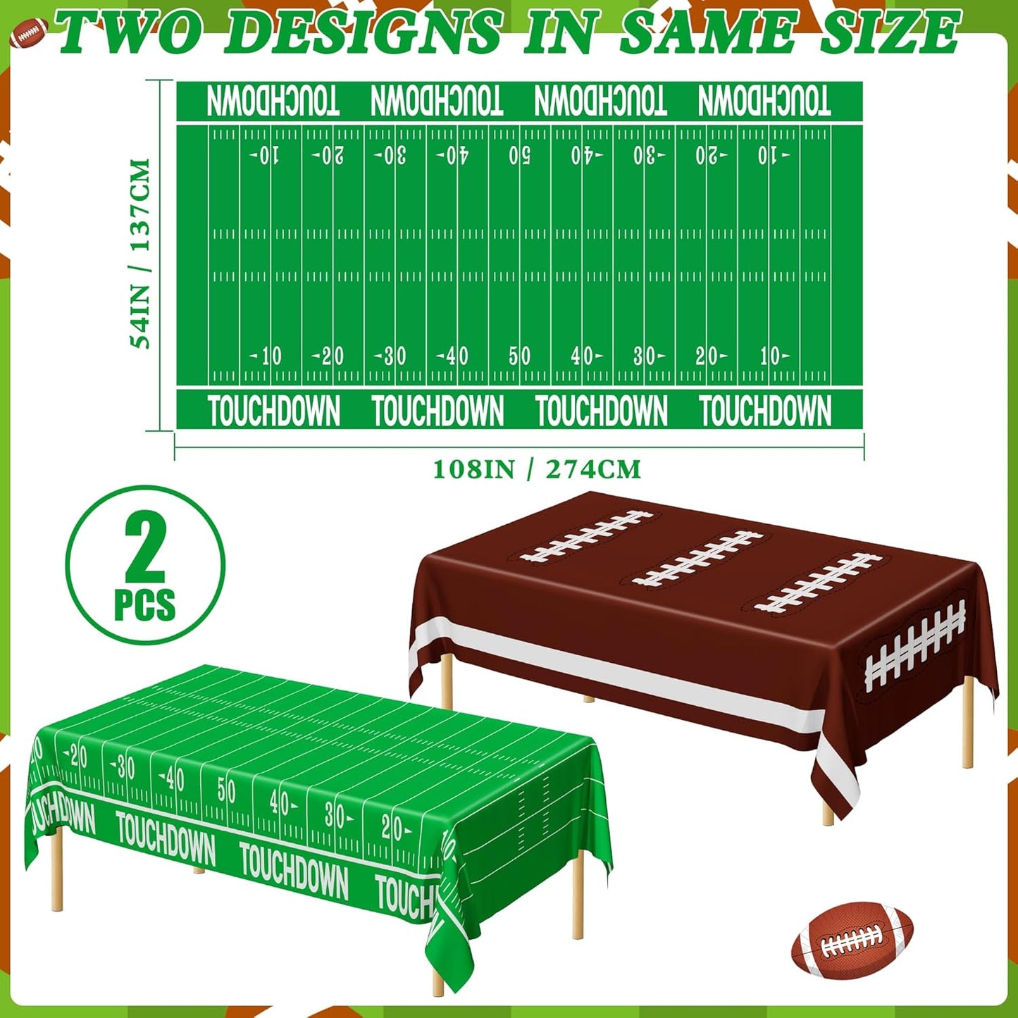 QZYL Football Party Decorations 2025, Disposable Football Tablecloth, 2 PCS Brown Green Decoration Runner, Game Day Theme Table Cloth, Plastic Table Cover for Game Day Touchdown Party Supplies