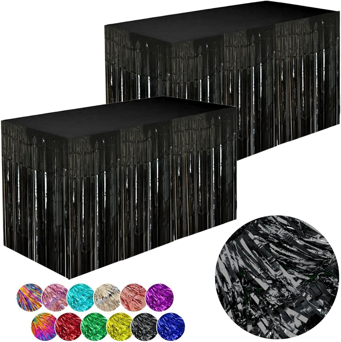 Black Streamers Party Decorations, 2 Packs Black Table Skirts Metallic Foil Fringe Tinsel for Graduation Birthday Wednesday Twilight Wizard Float Parade Halloween Party Supplies - 29x108 Inch