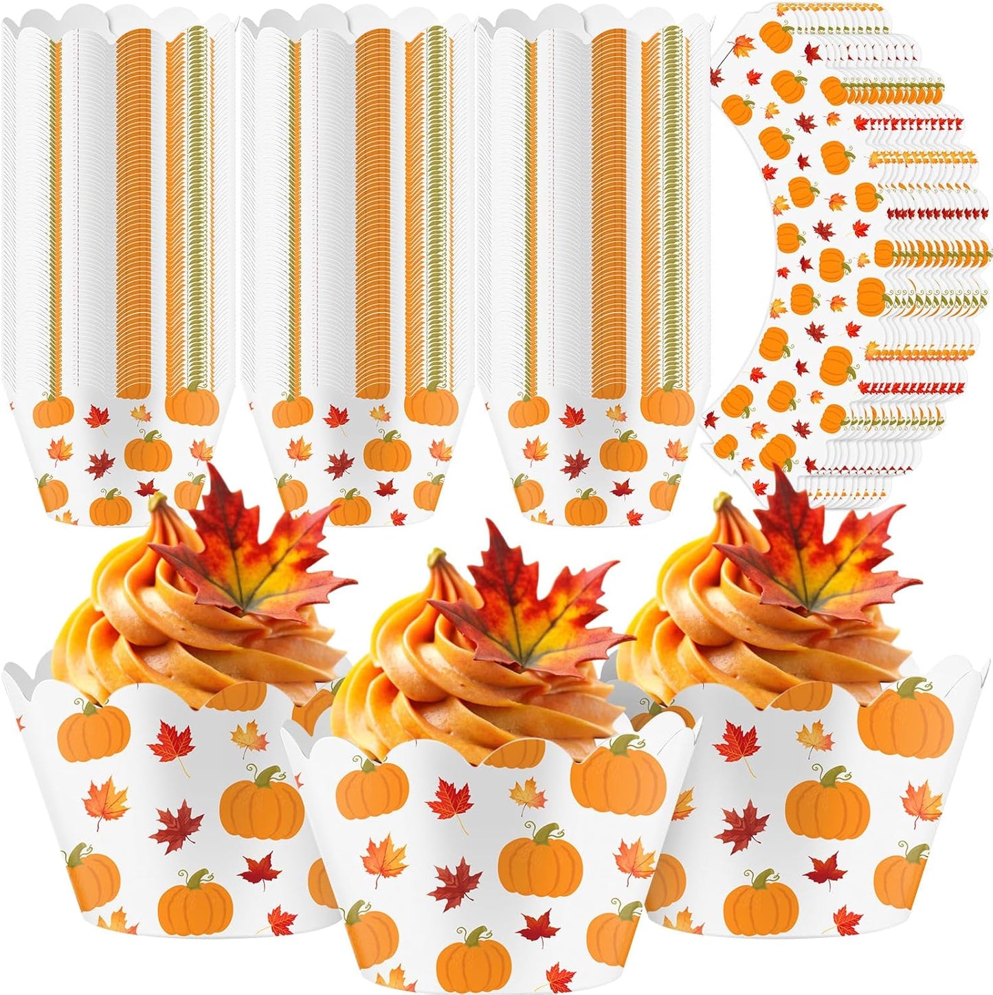 Domensi 100 Pcs Fall Pumpkin Maple Leaf Cupcake Wrappers Rustic Cupcake Liners Thanksgiving Baking Cups Baking Liners for Autumn Wedding Bridal Baby Shower Birthday Party Supplies Dessert Decoration