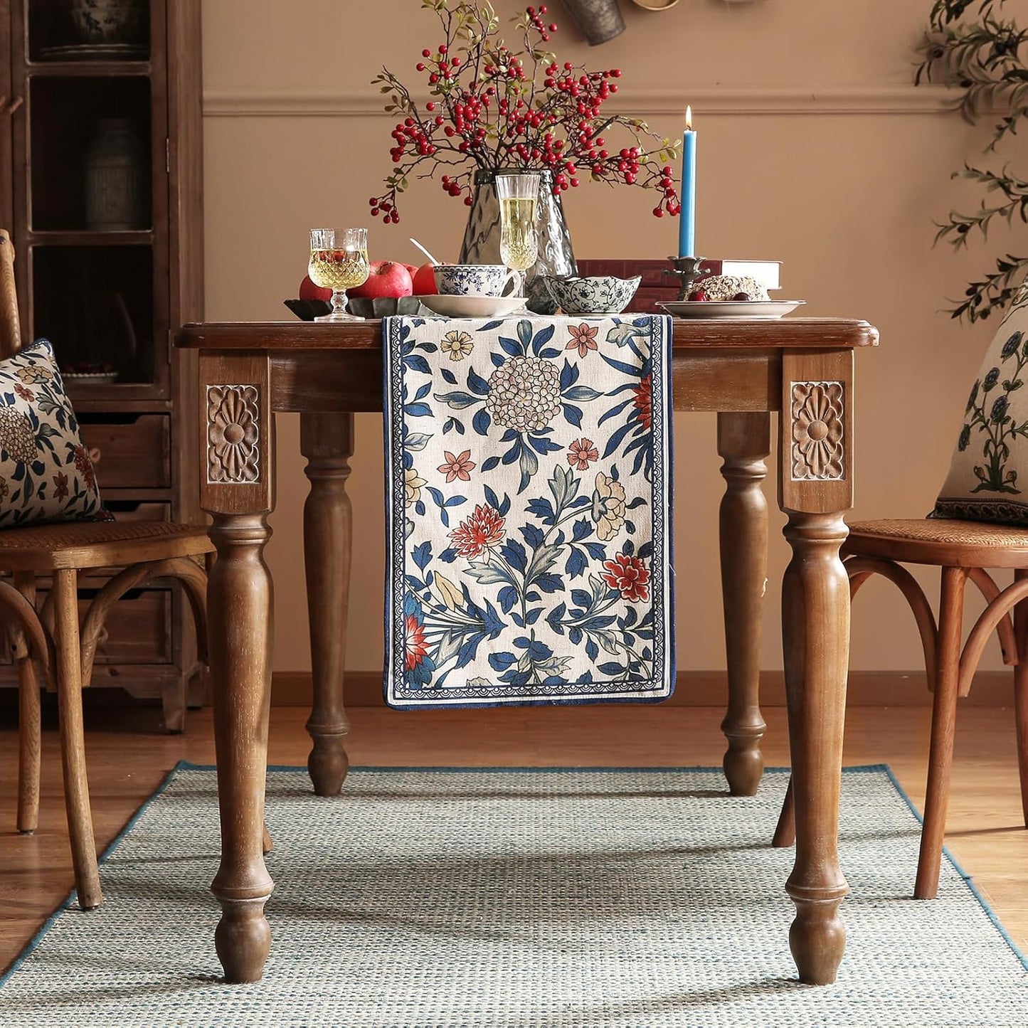 patdrea Designer Blue Cottage Rustic Floral Patterned Linen Table Runner 71 Inch Long,Wrinkle Resistant Table Mat,Decoration for Kitchen Dining and Coffee Tables Banquet Christmas , 12"x71"