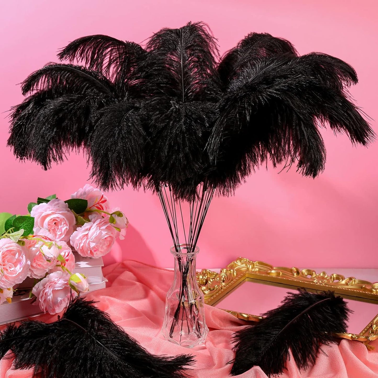 Hanaive 150 Pcs Ostrich Feathers Set Bulk Plumes 12-14 Inch (30-35cm) 70 Pcs Large Ostrich Feathers with 80 Sticks and Tape for DIY Crafts Wedding Home Party Centerpiece Decorations(Black)