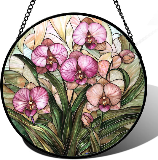 Stained Glass Window Hanging - Pink Phalaenopsis Orchid Green Leaves Sun Catcher for Door Home Decor Flower Suncatcher Christmas Mother's Day Birthday Gifts for Women Men Mom Nana 9.8 in