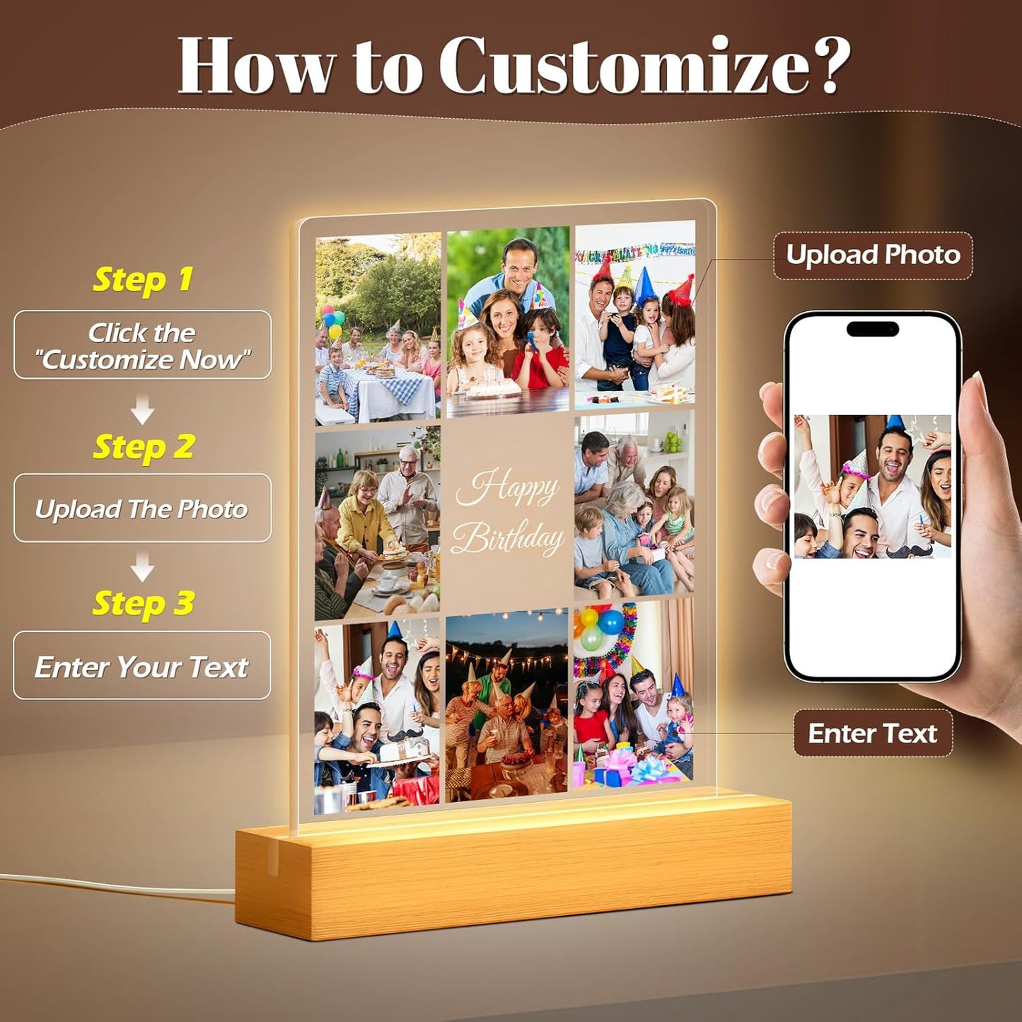 Custom Picture Frames with Photo, Personalized Collage Photo Frame with Night Light, Customized Picture Frame, Personalized Birthday Gifts for Women, Men, Him, Her, Mom, Dad, Family