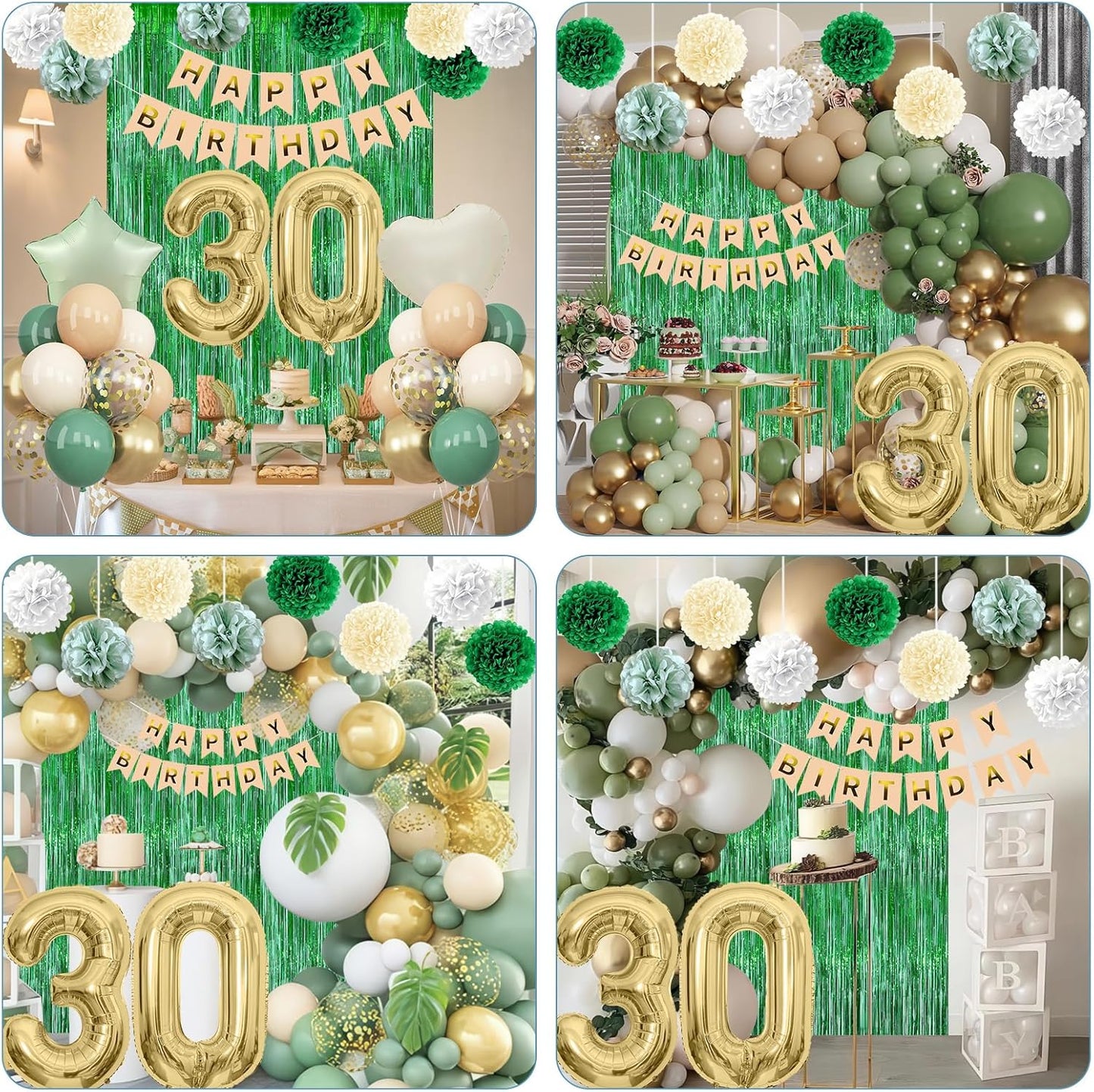 Sage Green 30th Birthday Decorations for Him Gold Number 30 Balloon Nude Gold Happy Birthday Banner Fringe Curtain Paper Pom Poms Olive Green Cream White Sand Star Foil Balloons Party Decor
