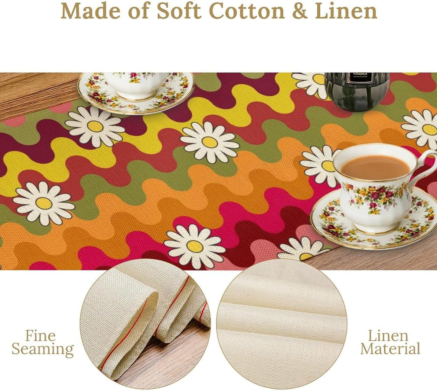 Vintage Floral Table Runner,60s 70s Colorful Retro Abstract Hippie Print Table Runner for Kitchen Dining Table Home Party Decoration 13x72 Inch