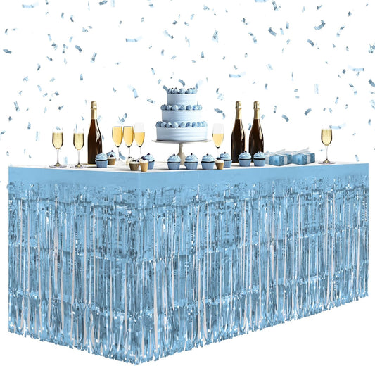 8 Pack Light Blue Table Skirts, 29x108" Metallic Foil Tinsel Fringe Table Skirts for Rectangle Tables Streamer Curtains Backdrop, Party Decorations for Birthdays Weddings Holidays