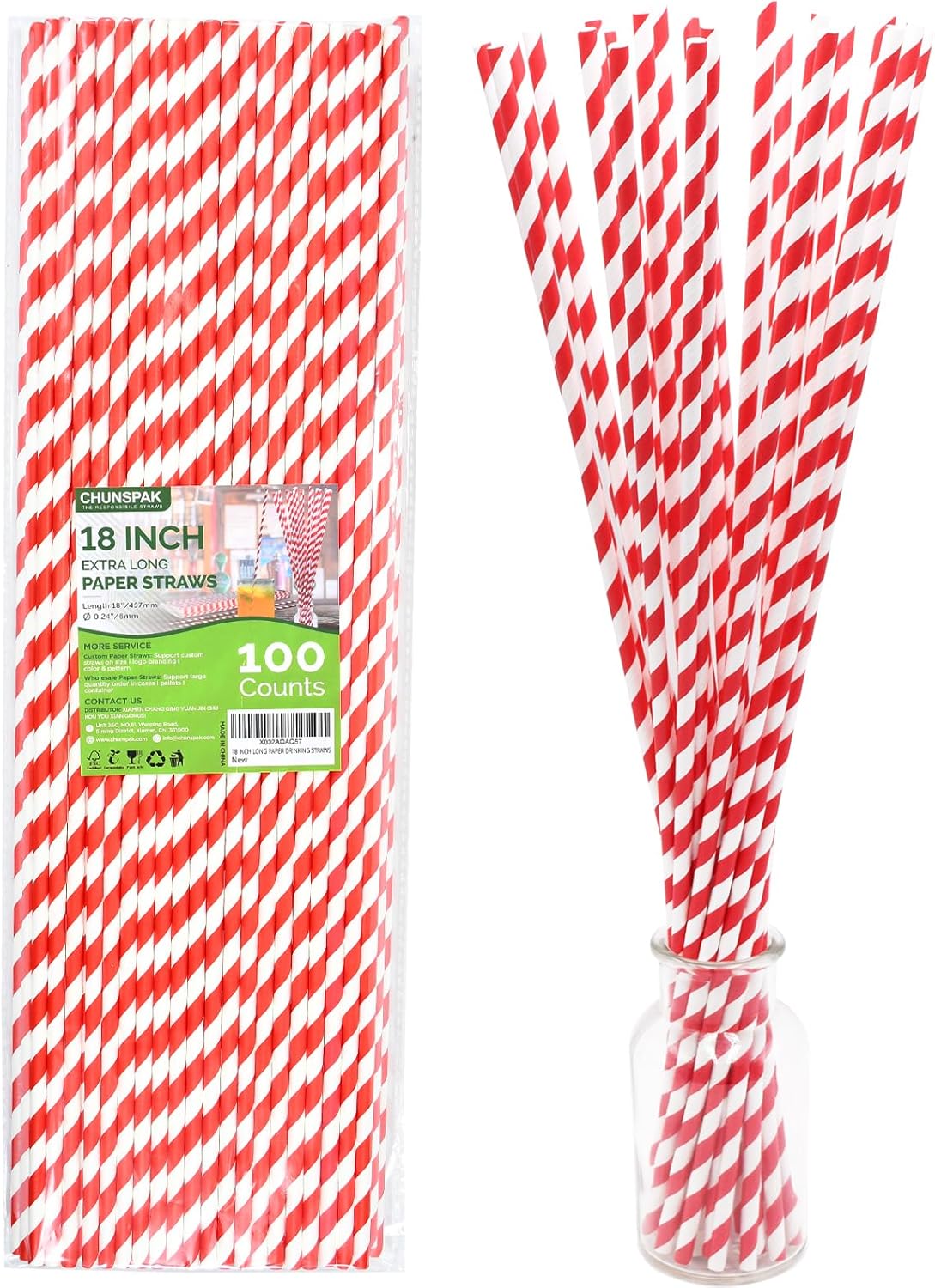 18 Inch Extra Long Paper Drinking Straws - For Large Drinks, Cotton Candy Sticks, DIY Crafts - Red, 100 Counts- 100% Biodegradable