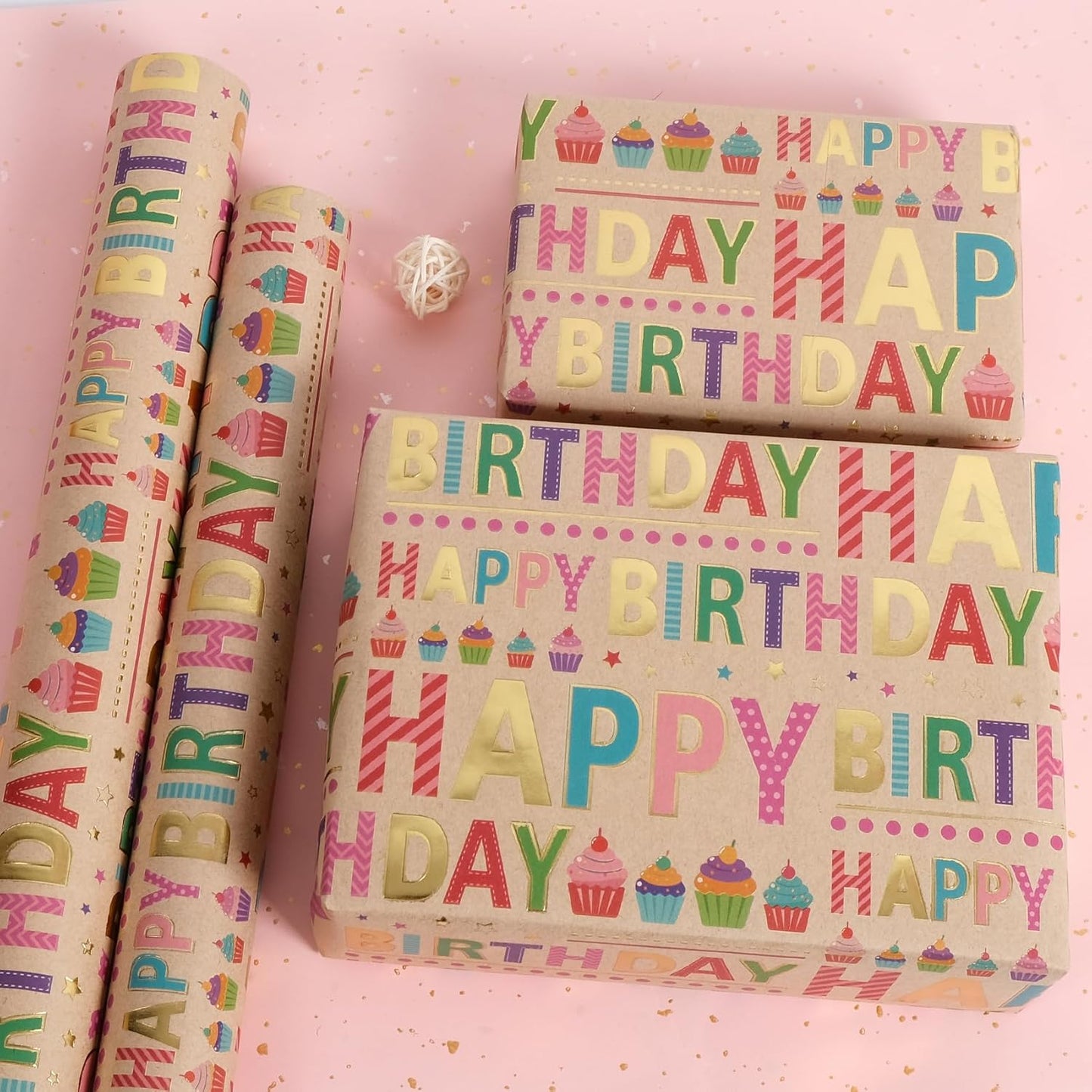 Aimyoo Colorful Birthday Wrapping Paper Roll - 17 Inch X 32.8 Feet - Gold Foil Happy Birthday Lettering & Cupcake Design Gift Wrap for Kids, Baby Showers