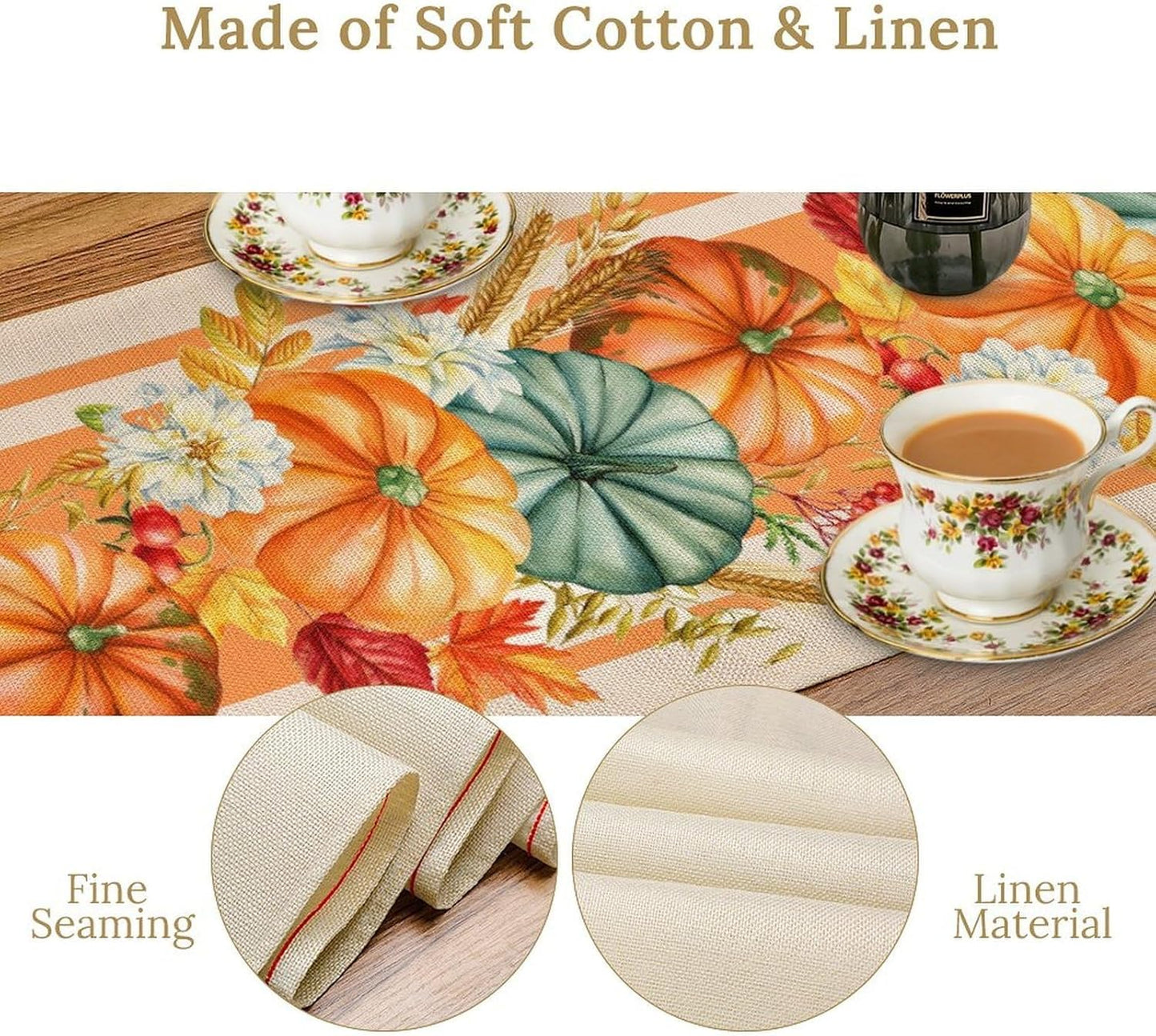 Autumn Table Runner,Orange Pumpkin Flowers Leaves Fall Table Runners Seasonal Kitchen Dining Table Decor for Thanksgiving Harvest Home Holiday Party 13x120 Inch