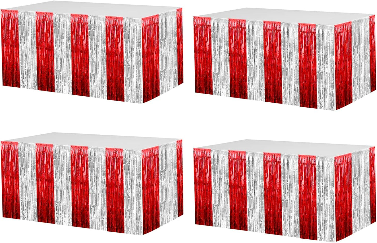4 Pack 29x108 Inch Metallic Foil Fringe Tinsel Table Skirts for Rectangle Tables Streamer Backdrop for Wedding, Birthday, Parade Floats, Christmas, Halloween Party Decoration(Red Silver)