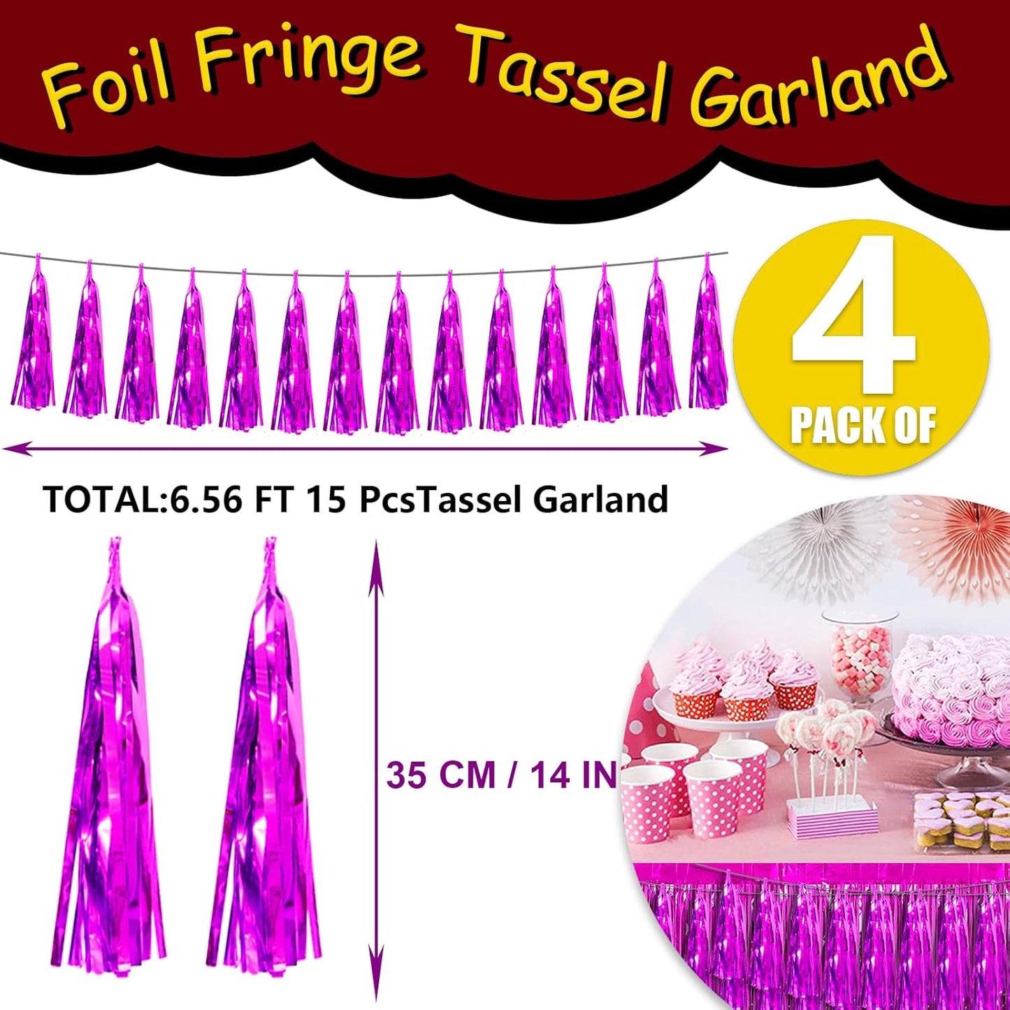 4P Hot Pink Foil Fringe Tassel Banner Garland Metallic Tinsel Streamers Wall Hanging Curtain Backdrop Banners for Parade Floats, 2024 Graduation Decorations, Wedding Party Decoration