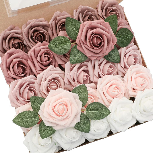 Floroom Artificial Flowers 25pcs Real Looking Dusty Rose Ombre Colors Foam Fake Roses with Stems for DIY Wedding Bouquets Bridal Shower Centerpieces Floral Arrangements Party Tables Home Decorations