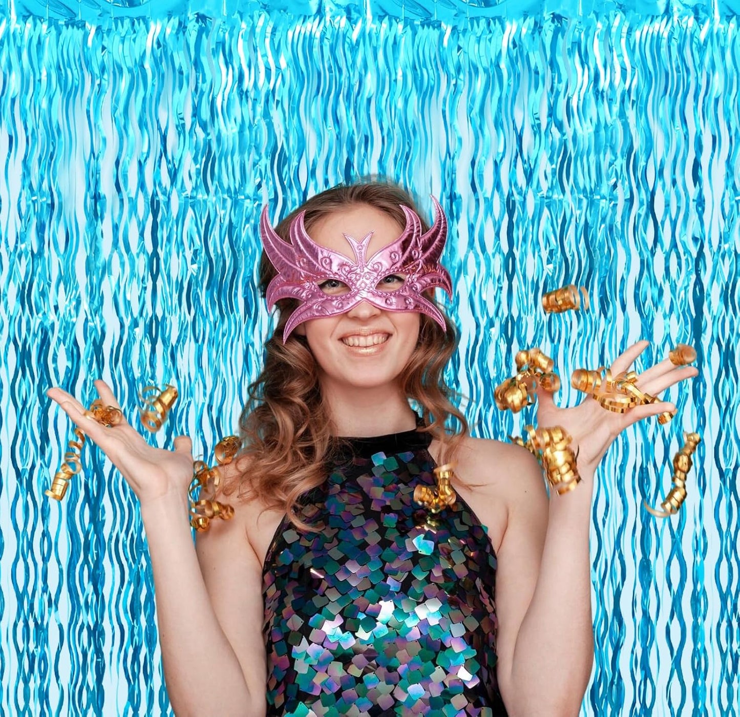 GOER 3.2 ft x 6.5 ft Metallic Tinsel Foil Fringe Curtains Party Photo Backdrop Party Streamers for Birthday,Graduation,New Year Eve Decorations Wedding Decor (1 Pack,Wavy Light Blue)