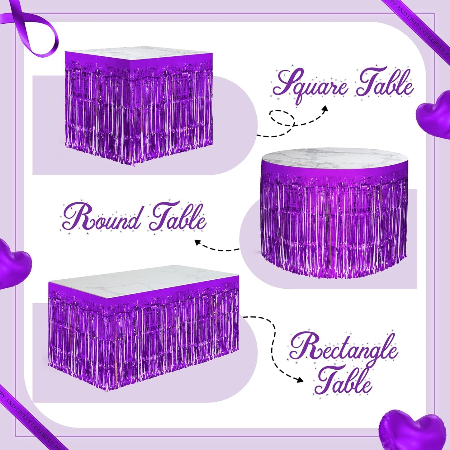 2 Pack Dark Purple Table Skirts, 29x108" Metallic Foil Tinsel Fringe Table Skirts for Rectangle Tables Streamer Curtains Backdrop, Party Decorations for Birthdays Weddings Holidays