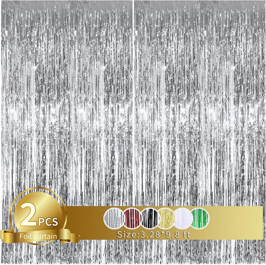 TONIFUL 2Pcs Silver Metallic Tinsel Foil Fringe Curtains,Black Photo Booth Backdrop Streamer Curtain Photo Booth Props for Bachelorette Party,Birthday,Graduation,Christmas Decor(6.6ft x 9.9ft)