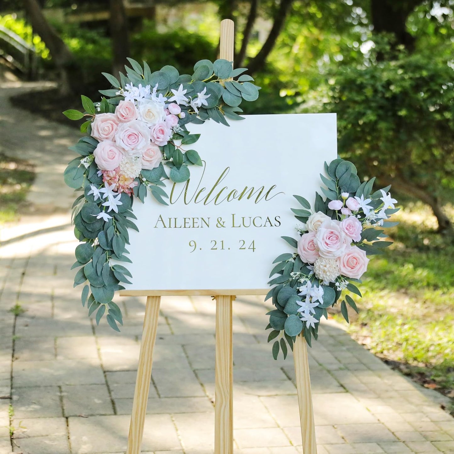 Artificial Pink Wedding Arch Flowers Swag Set of 2 for Welcome Signs, Reception and Ceremony Decorations, Cream Floral Decor, UD-002