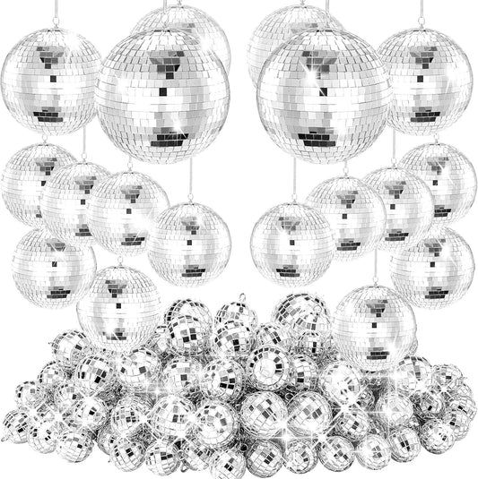 54PCS Mirror Disco Balls Set with 10m Fishing Line – Assorted Sizes Hanging Mini Silver Balls for Party, Wedding, Cake Toppers, Room & Classroom Decor