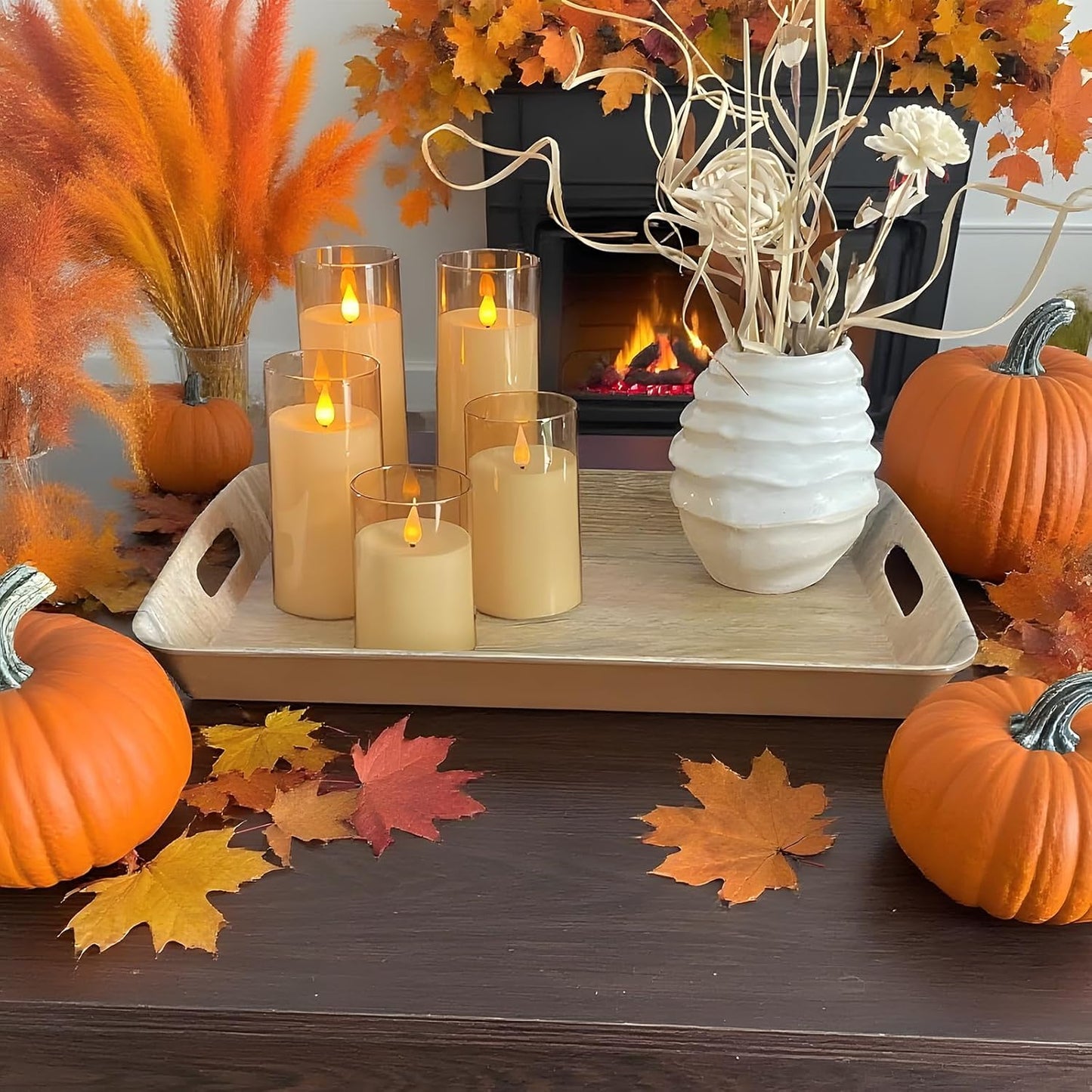 Fo32won Amber LED Flameless Pillar Candles Battery Operated with Remote and Timer, Set of 5 (D 3"×H 4" 5" 6" 8" 8") Decorative Plexiglass Flickering Candles with 3D Flame