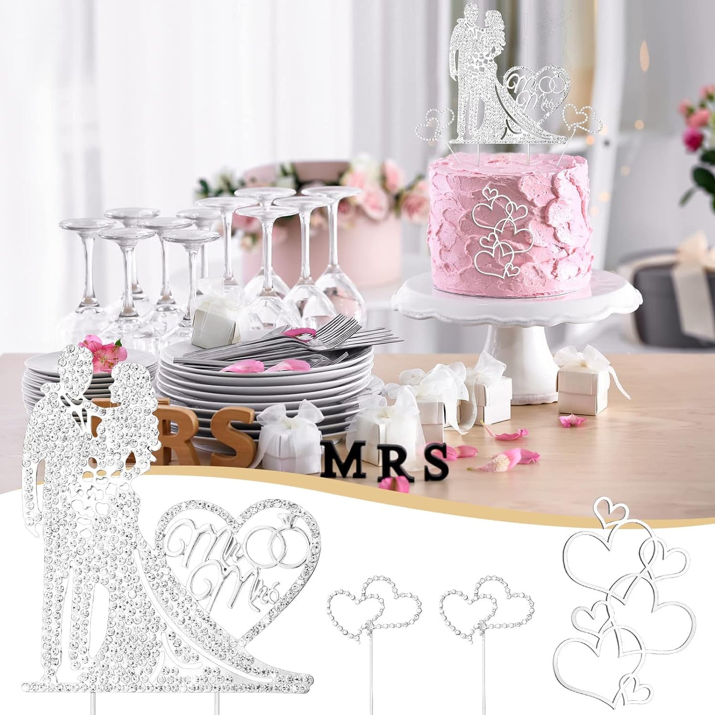 Spiareal 4 Pcs Wedding Cake Topper Mr and Mrs Rhinestone Bride and Groom Love Cake Topper Metal Crystal Heart Shaped Happy Engagement Anniversary Funny Diamond Party Decor for Bridal Shower(Silver)
