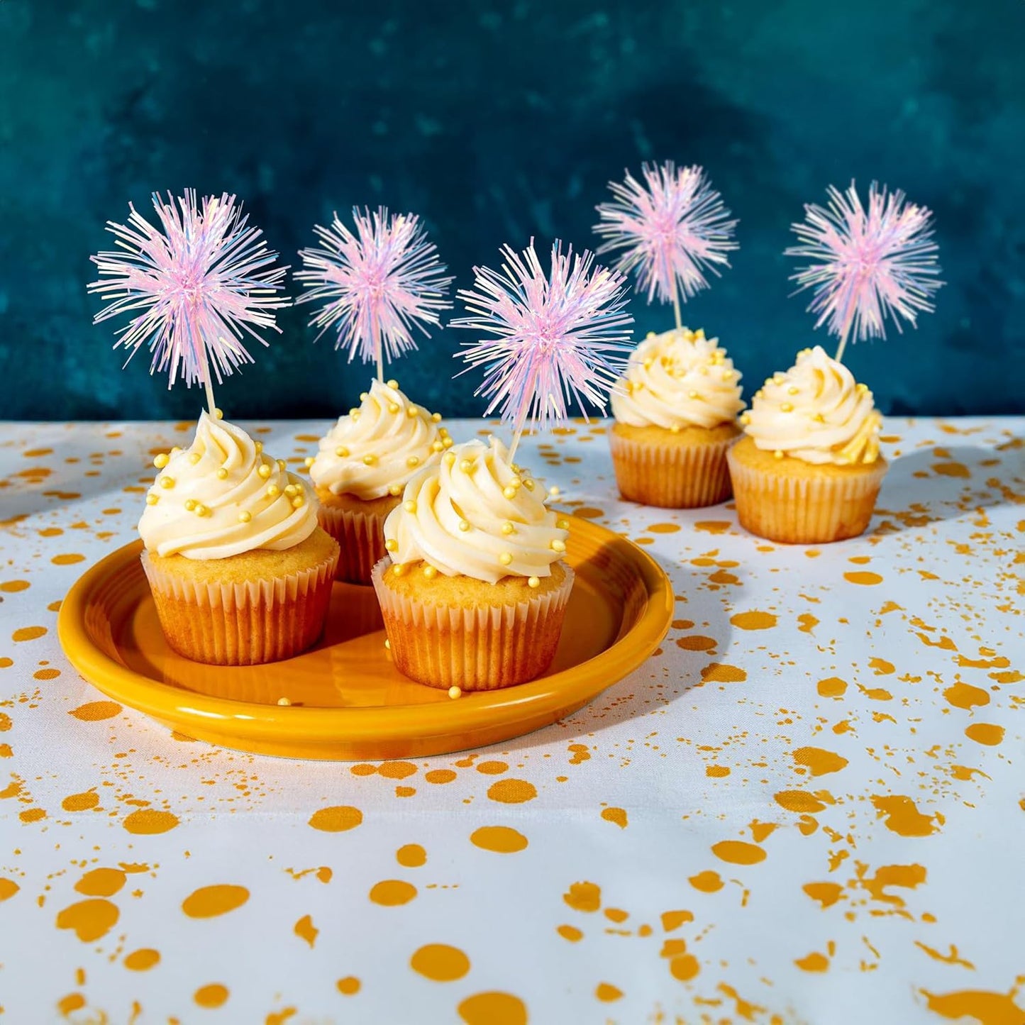 Gyufise 30Pcs Foil Firework Cupcake Toppers Sparkle Tinsel Cake Toppers Tinsel Drink Cake Decoration Cocktail Picks for Birthday Wedding Graduation Party Supplies Laser Pink