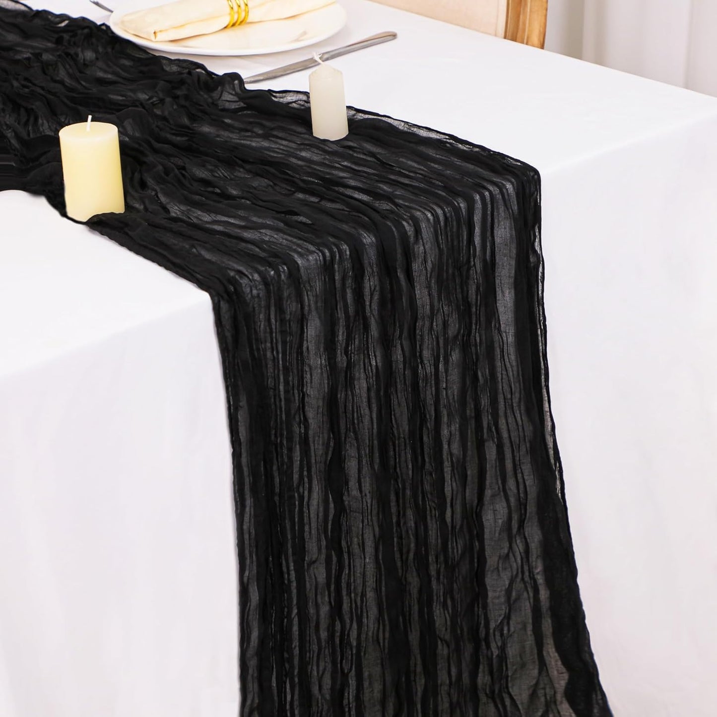 Snowkingdom 13Ft Black Cheesecloth Table Runner, 160inch Long Cheese Cloth Boho Gauze Runner for Wedding Bridal Baby Shower Birthday Holiday Party Sheer Halloween Table Decorations