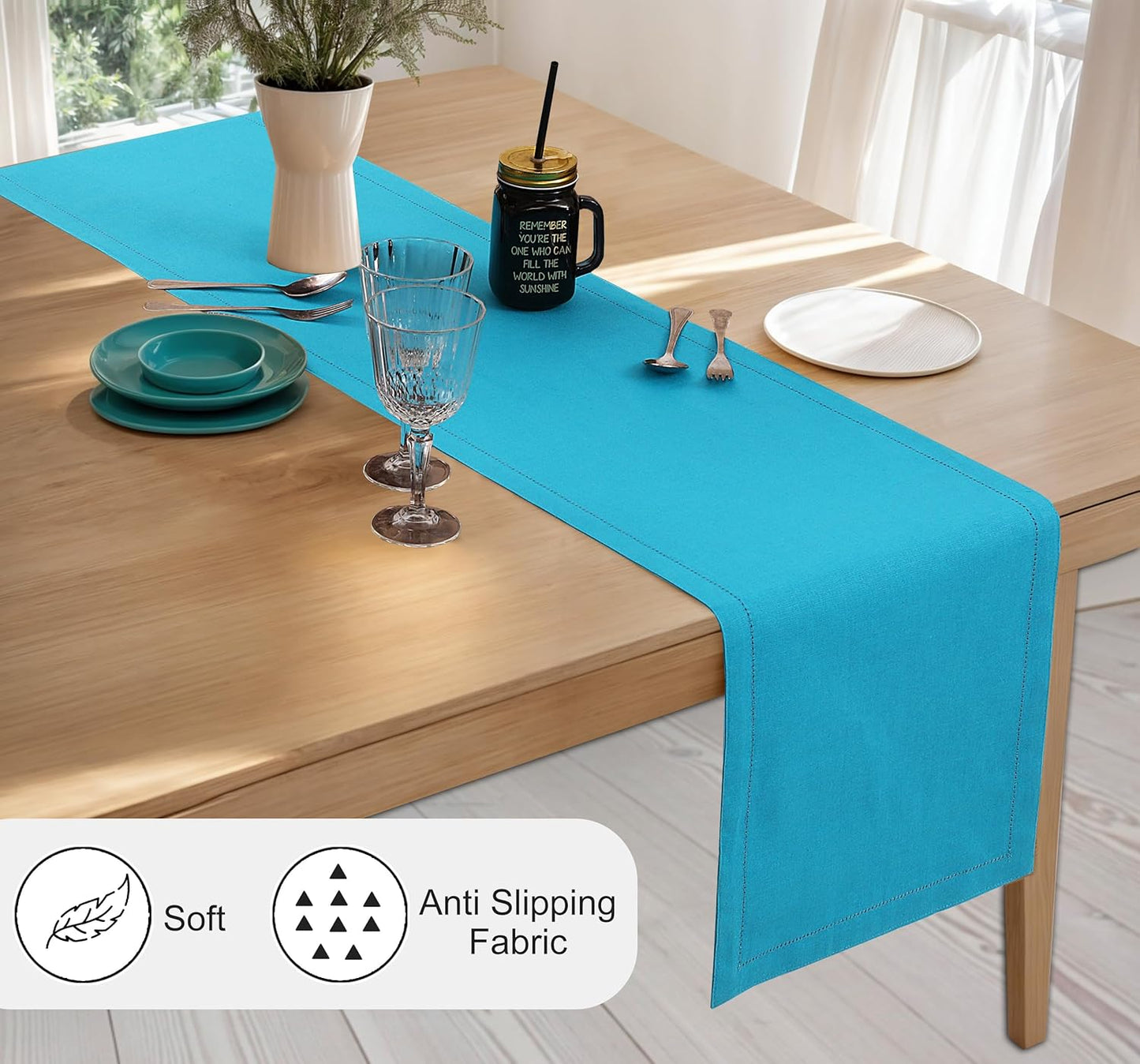 Ruvanti Linen Table Runner 90 Inches, Classic Hemstitch, Washable, Reusable, Non-Slipping, Stain Resistant- Perfect for Parties, Weddings, Dinners, Thanksgiving, Christmas, Indoor use – Blue
