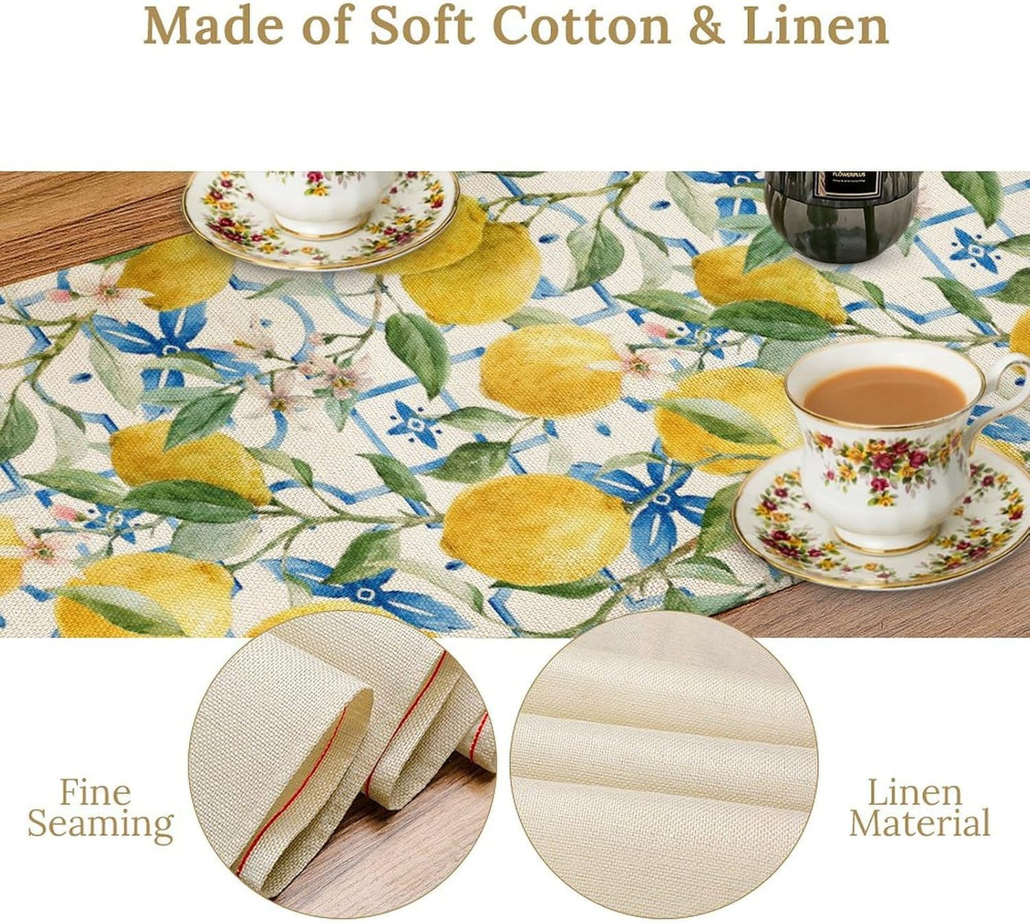 Lemon Table Runner,Watercolor Fruit Green Leaves Spring Summer Table Cloth Kitchen Dining Table Home Party Decoration 13x90 Inch