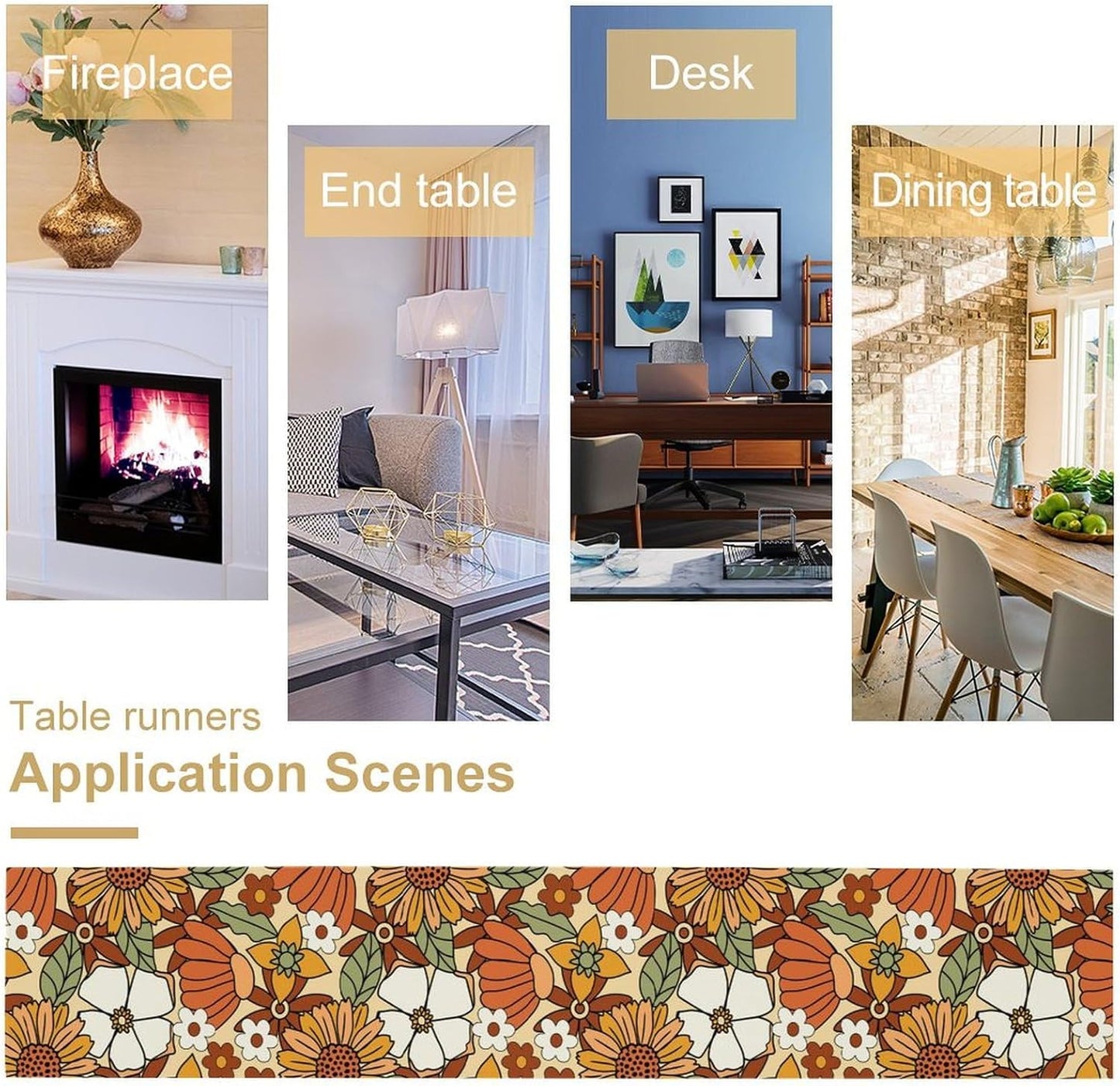 Vintage Floral Table Runner,Boho 70s Style Retro Flower Table Cloth Kitchen Dining Table Home Party Decoration 13x120 Inch