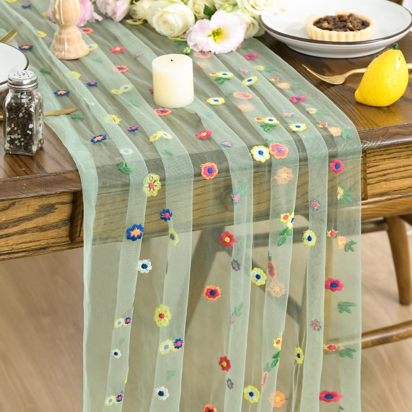 Artoid Mode Sage Green Embroidery Daisy Gauze Table Runner 120 Inch 10FT, Seasonal Sheer Dining Holiday Wedding Birthday Table Decor for Home Party