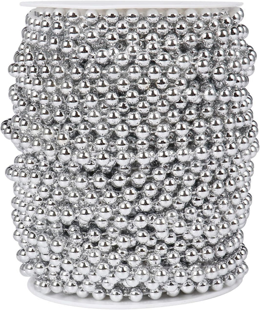 [98 Feet] Silver Pearl Beads Garland, 6MM 33 Yards Silver Faux Pearl Beads String Roll Bulk for DIY Craft Christmas Tree Wedding Party Decoration