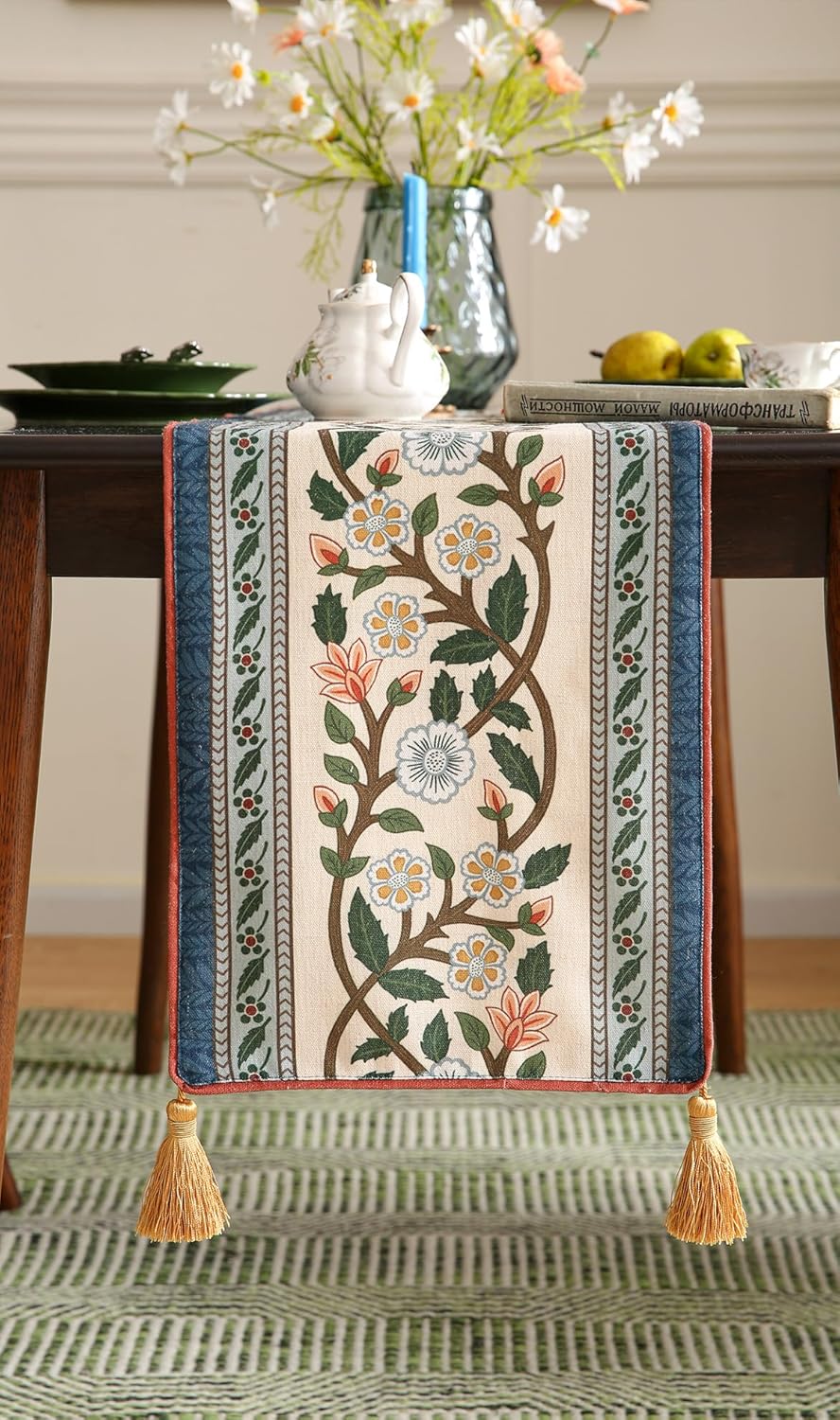 ISAENNE Designer Vintage Elegant Linen Table Runner 102 Inches Long,Colorful Flower Pattern Soft Table Runners for Dining Tables,Thanksgiving,Kitchen Tables,Christmas,12"*102"-Naples C