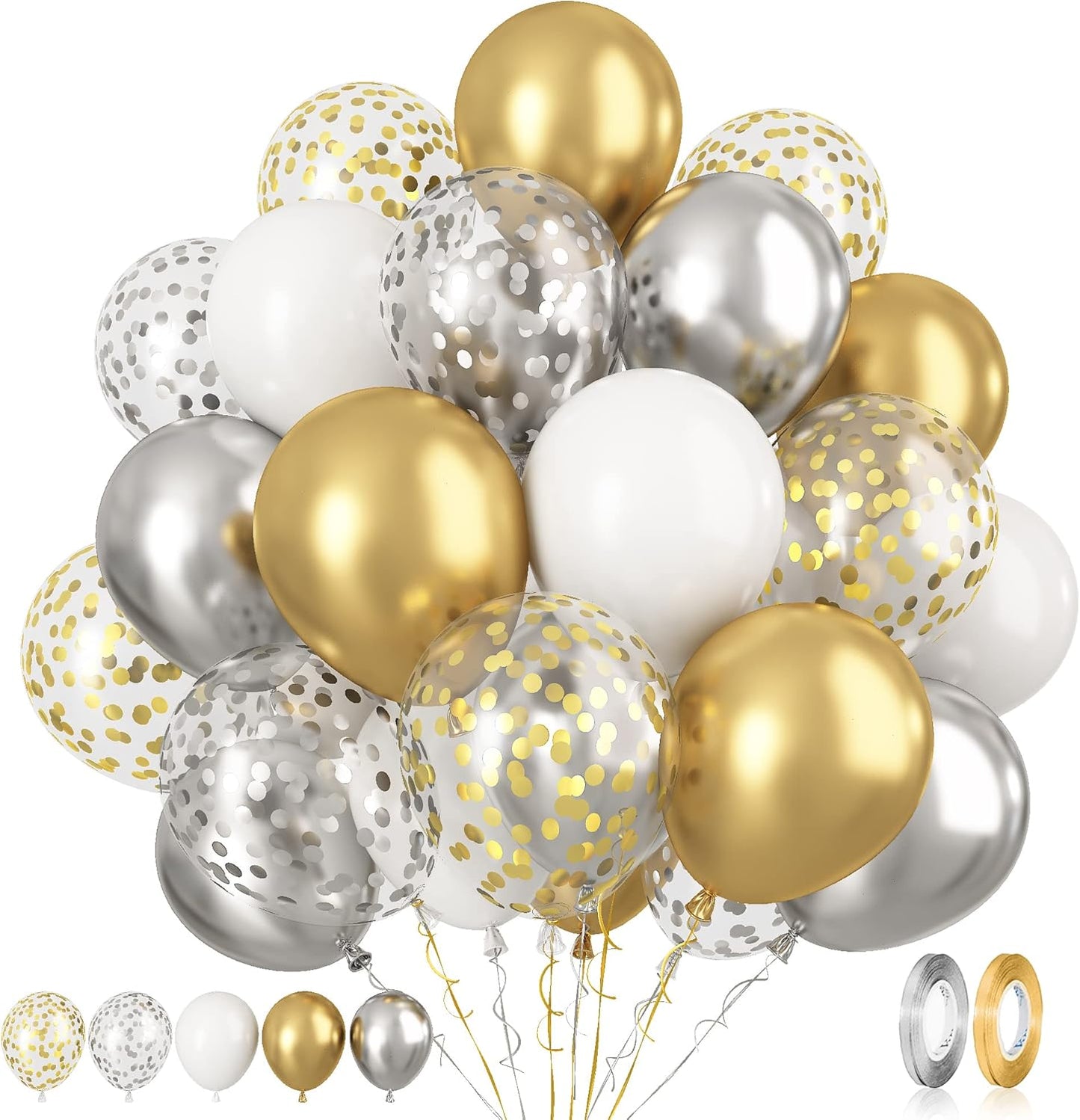 Paready Gold and Silver Latex Balloons, 60 Pcs 12 Inch Metallic Gold Silver and White Confetti Balloons for Birthday Baby Shower Engagement Anniversary Wedding Bridal Shower Graduation Decoration
