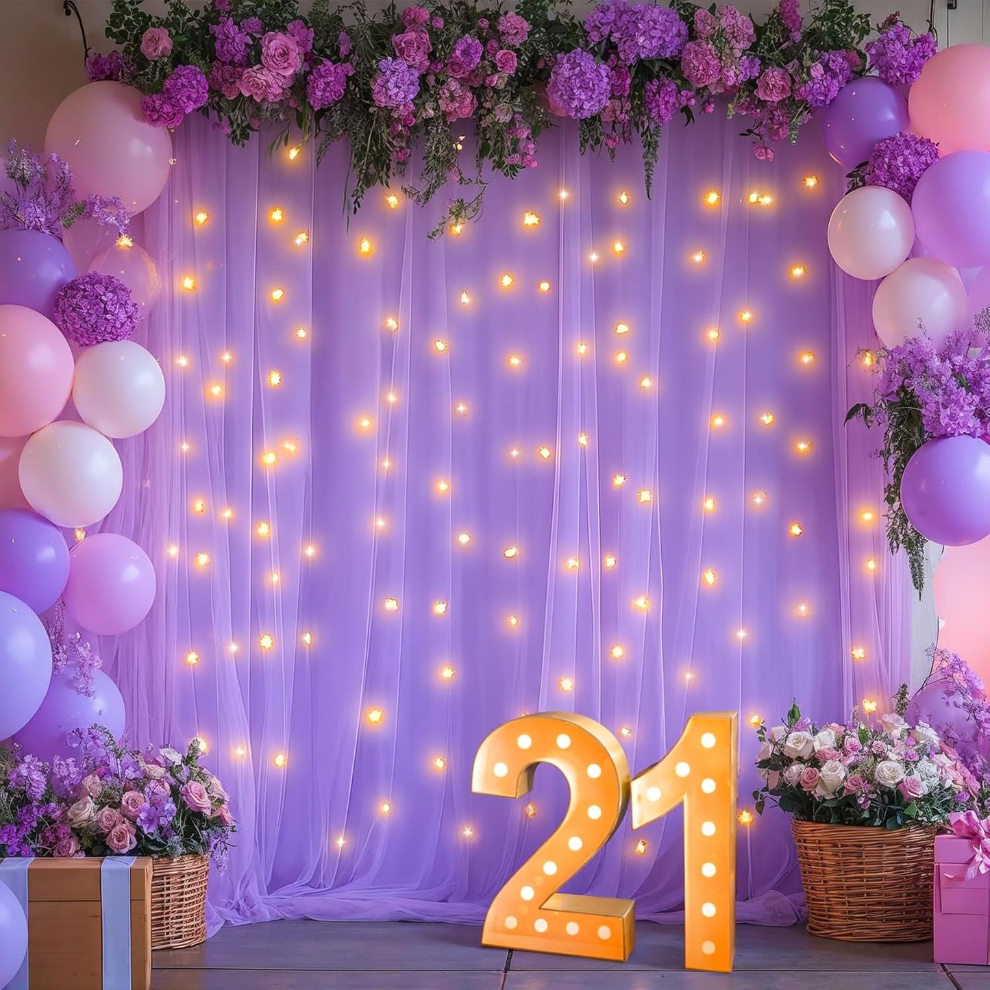 5x8ft (2 pieces) Lavender Tulle Backdrop Curtains with Lights for Party Wedding Baby Shower, Sheer Drape Backdrop Curtains for Birthday Party Photo Booth Background Decoration