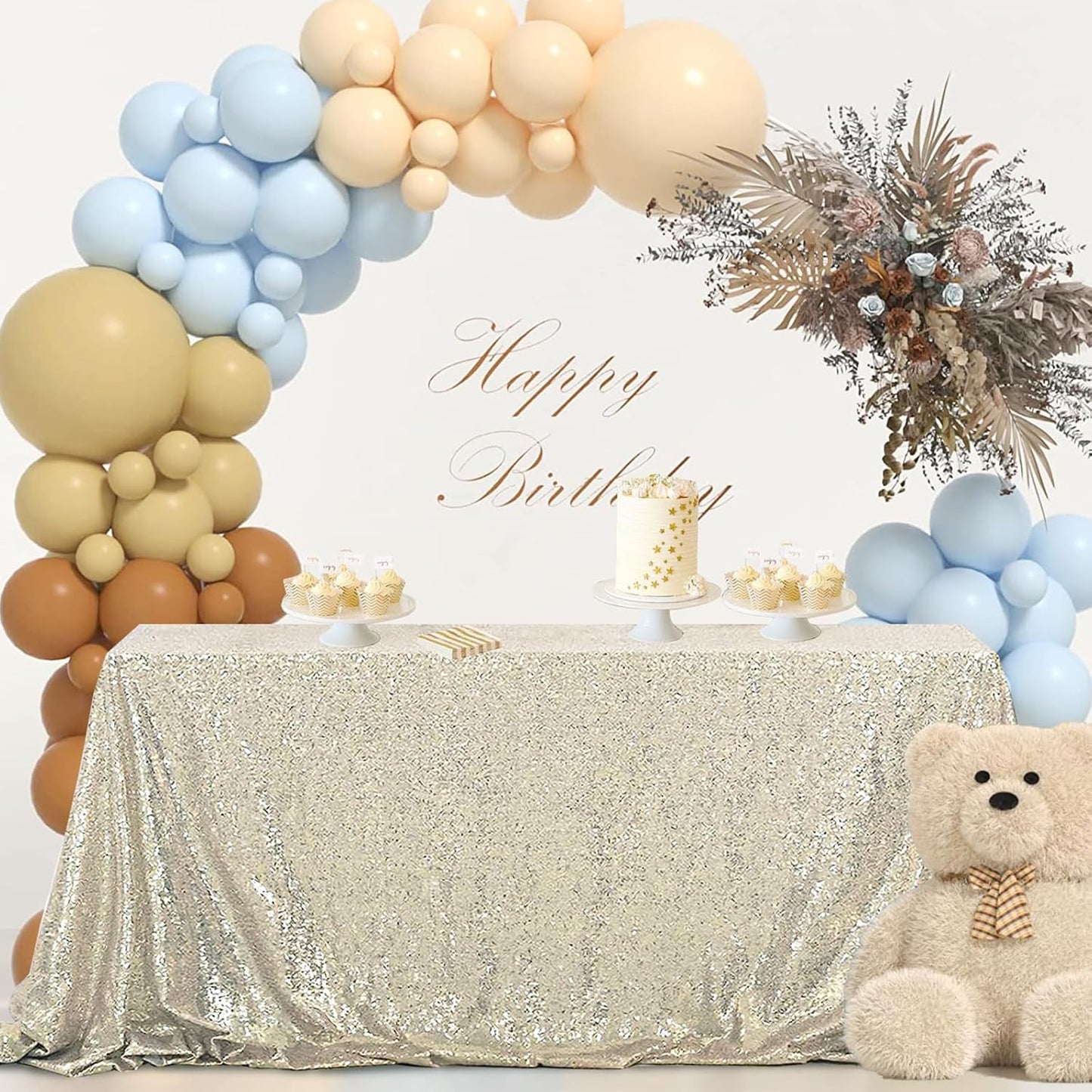 OQSQ Champagne Sequin Tablecloth 50x80 inch, Glitter Drape Table Cloth, Sparkle Sequence Table Overlays for Thanksgiving Day Wedding Birthday Party Baby Bridal Shower