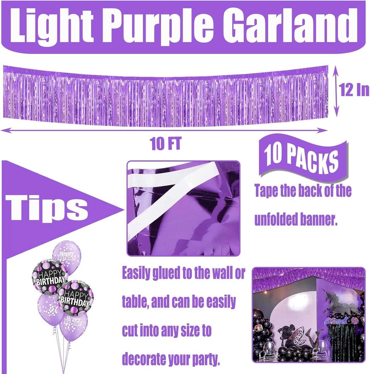 10 Pack 10 Feet Foil Fringe Garland Metallic Tinsel Streamers Banner Wall Hanging Curtain Backdrop for Parade Floats, Wedding, Disco, Birthday, Halloween, Christmas Party Decorations(Light Purple)