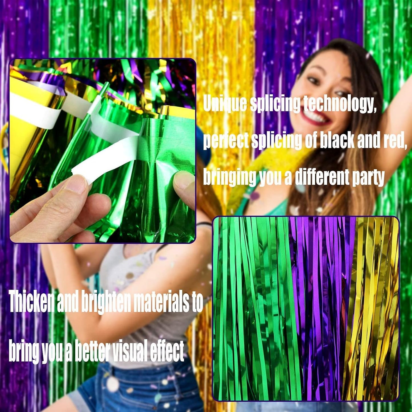 4 Pack Mardi Gras Foil Fringe Curtain Backdrop, 3.28Ft x 8.2Ft Gold Green Purple Metallic Tinsel Foil Fringe Streamers Curtains for Photo Booth, Wedding, Birthday Party Decoration