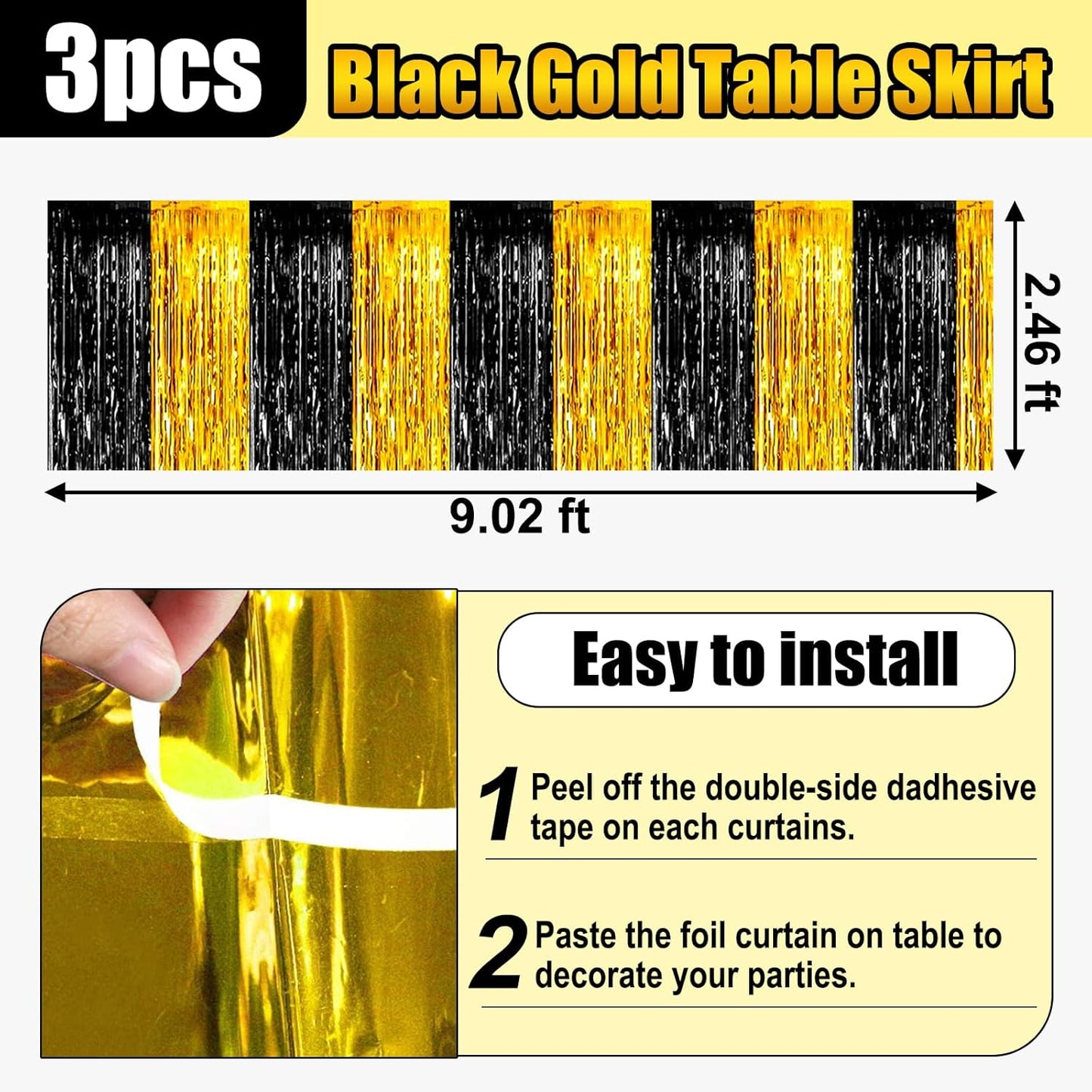 3 Pack 29x108 Inch Black Gold Foil Fringe Table Skirts Metallic Banner for Tinsel Streamer Garland Backdrop for Parade Floats Wedding Thanksgiving Birthday Christmas Halloween Party Decoration