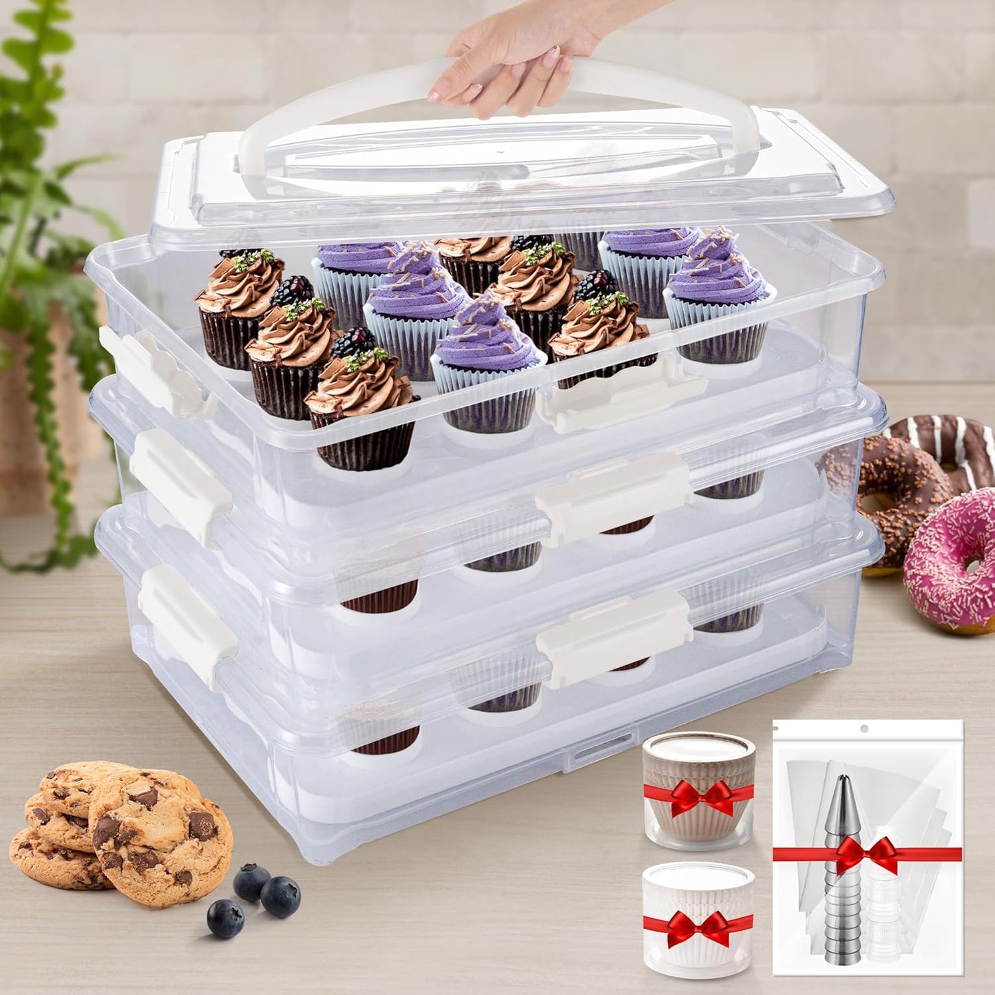 ARC 3-Tiers Cupcake Carrier (White) - Cupcake Holder and Cake Transport Container that Holds up to 36 Cupcakes or 3 Large Cakes - BPA-Free, Great for Parties & Festivals
